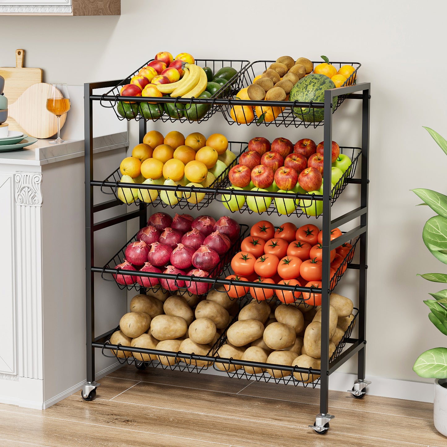 Evermagin Kitchen Storage Cart, Rolling Snack Cart, 25.2''W 4 Tier Fruit Basket Stand, Metal Pantry Storage with Stackable Wire Basket, Black