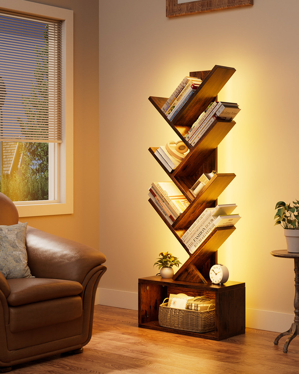 Evermagin 6 Tier Tree Bookshelf with Lights, LED Book Tree Bookcase with Storage Organizer, Small Corner Bookshelf Floor Standing Book Shelf for Living Room, Bedroom & Home Office