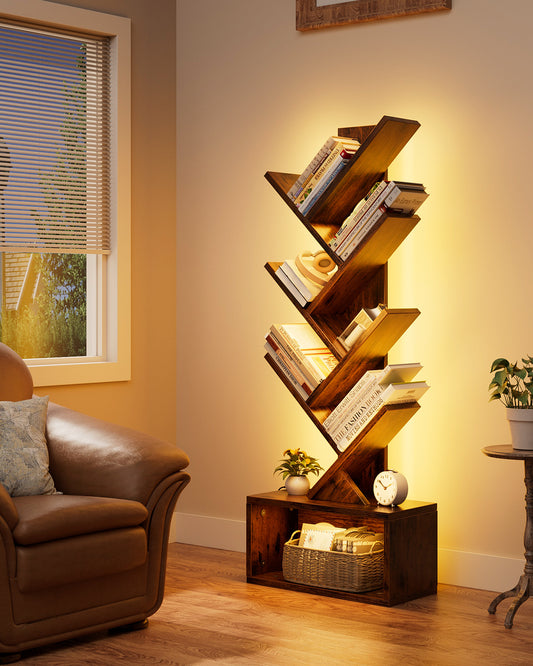 Evermagin 6 Tier Tree Bookshelf with Lights, LED Book Tree Bookcase with Storage Organizer, Small Corner Bookshelf Floor Standing Book Shelf for Living Room, Bedroom & Home Office