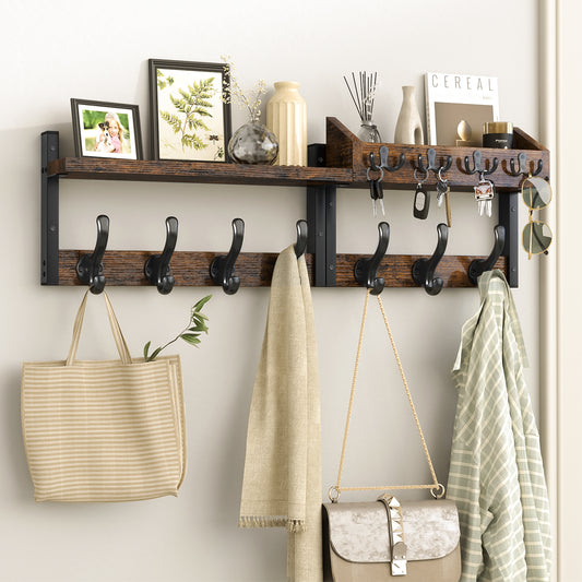 Evermagin 29" Coat Rack Wall Mount with Shelf, 4 in 1 Coat and Key Hanger with 11 Metal Hooks, Entryway Wall Mounted Shelf with Mail Holder for Living Room, Bedroom