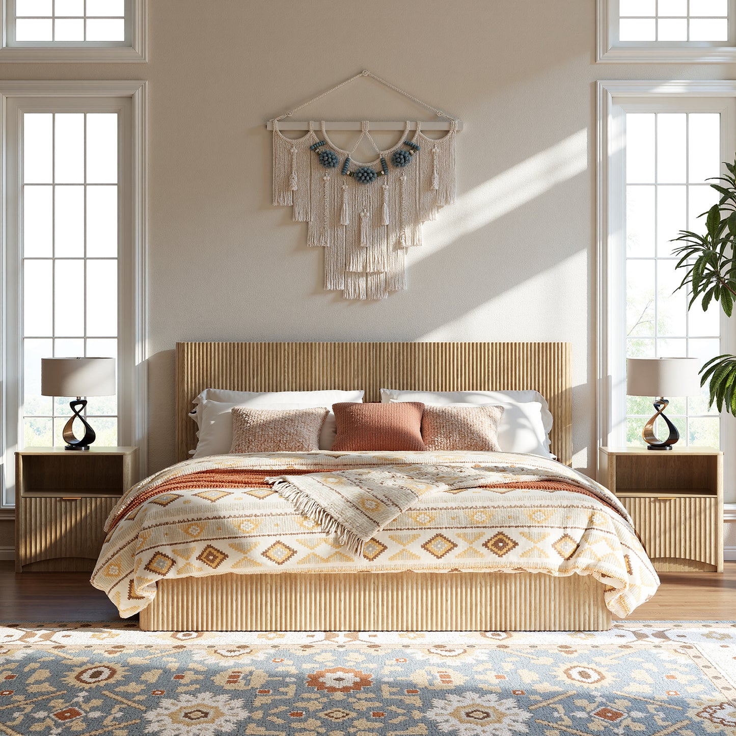 Evermagin Natural King Lift Up Storage Bed Frame, Mid Century Modern Fluted Bed Frame, Wood Hydraulic King Size Bedframe with Headboard