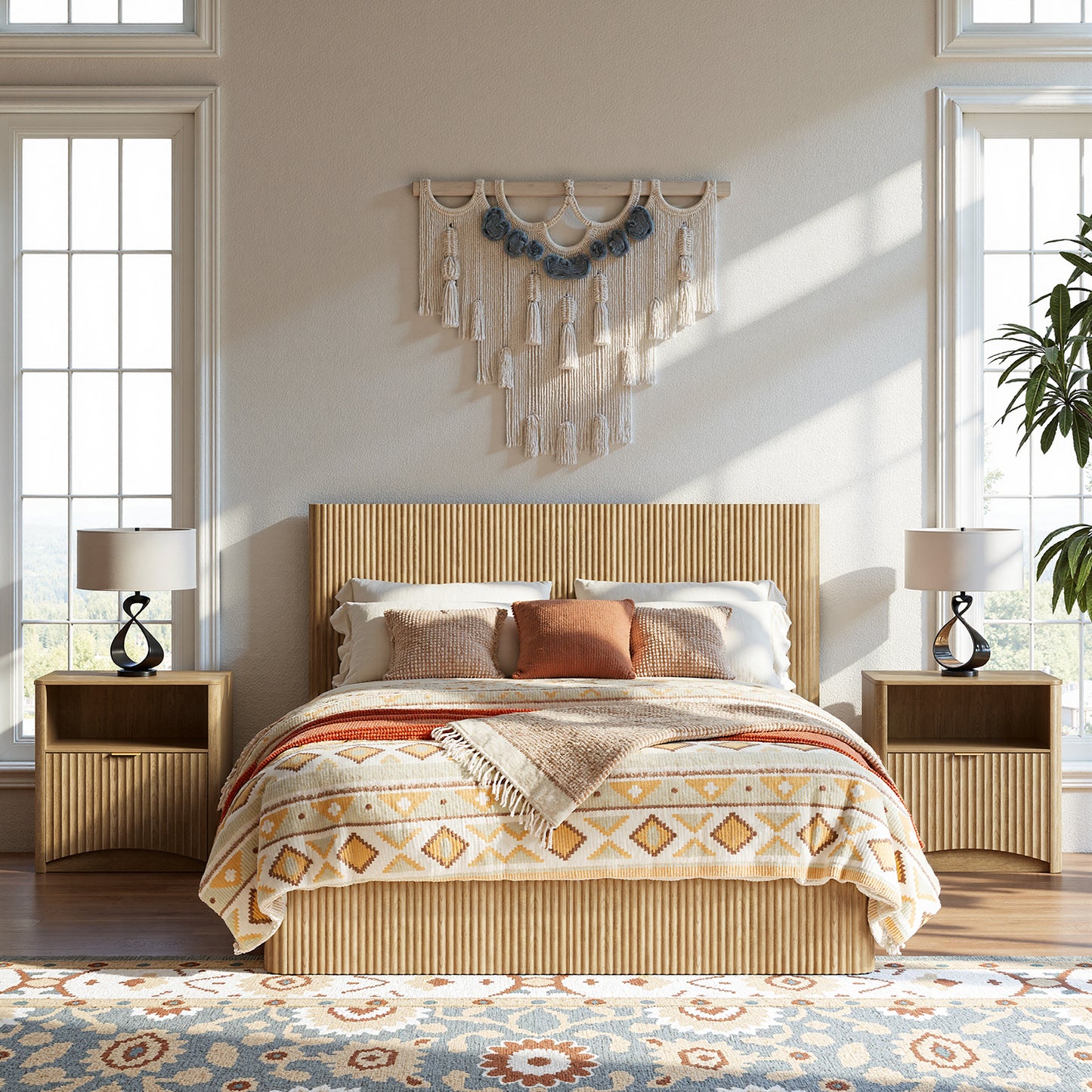 Evermagin Natural Queen Lift Up Storage Bed Frame, Mid Century Modern Fluted Bed Frame, Wood Hydraulic Queen Size Bedframe with Headboard