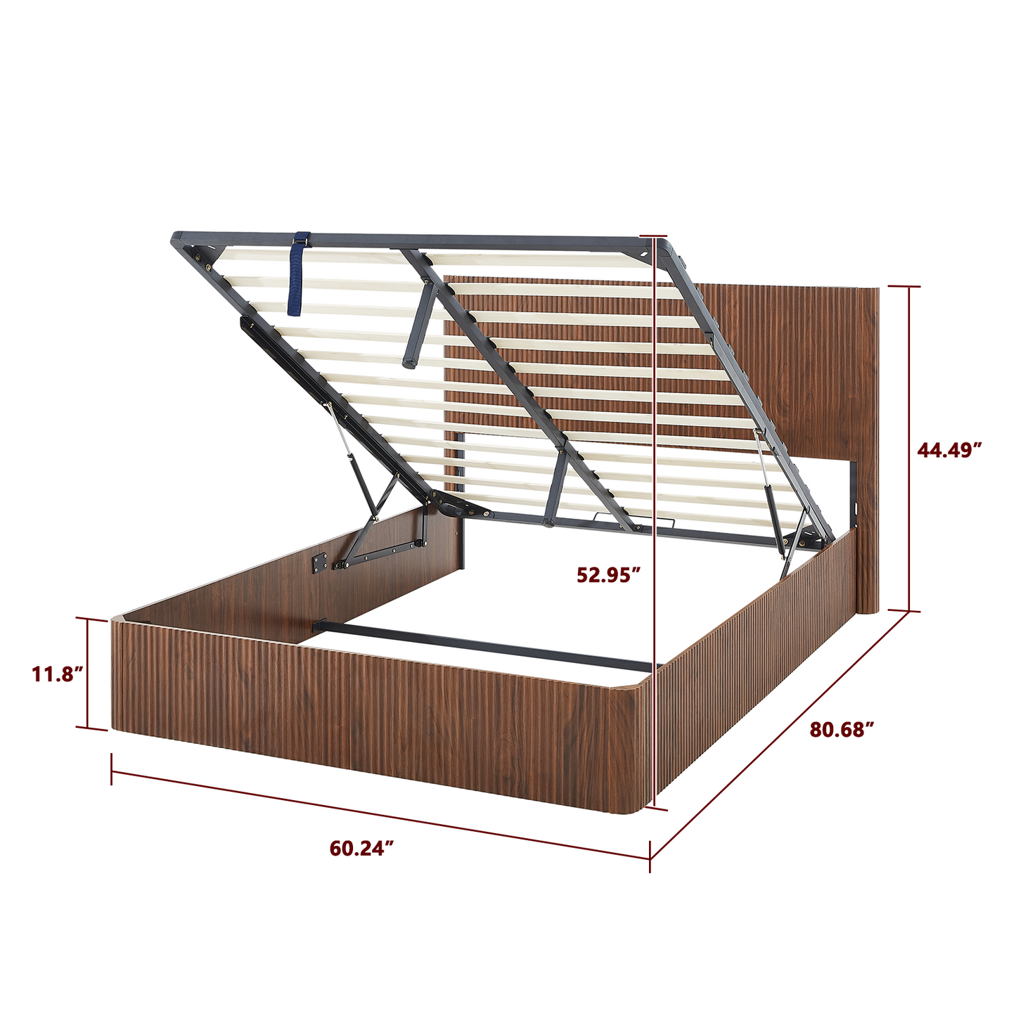 Walnut Queen Floating Bed Frame with led Lights, Mid Century Modern Fluted Floating Platform Bed No Headboard, Heavy Duty Metal Float Bedframe No Box Spring Needed
