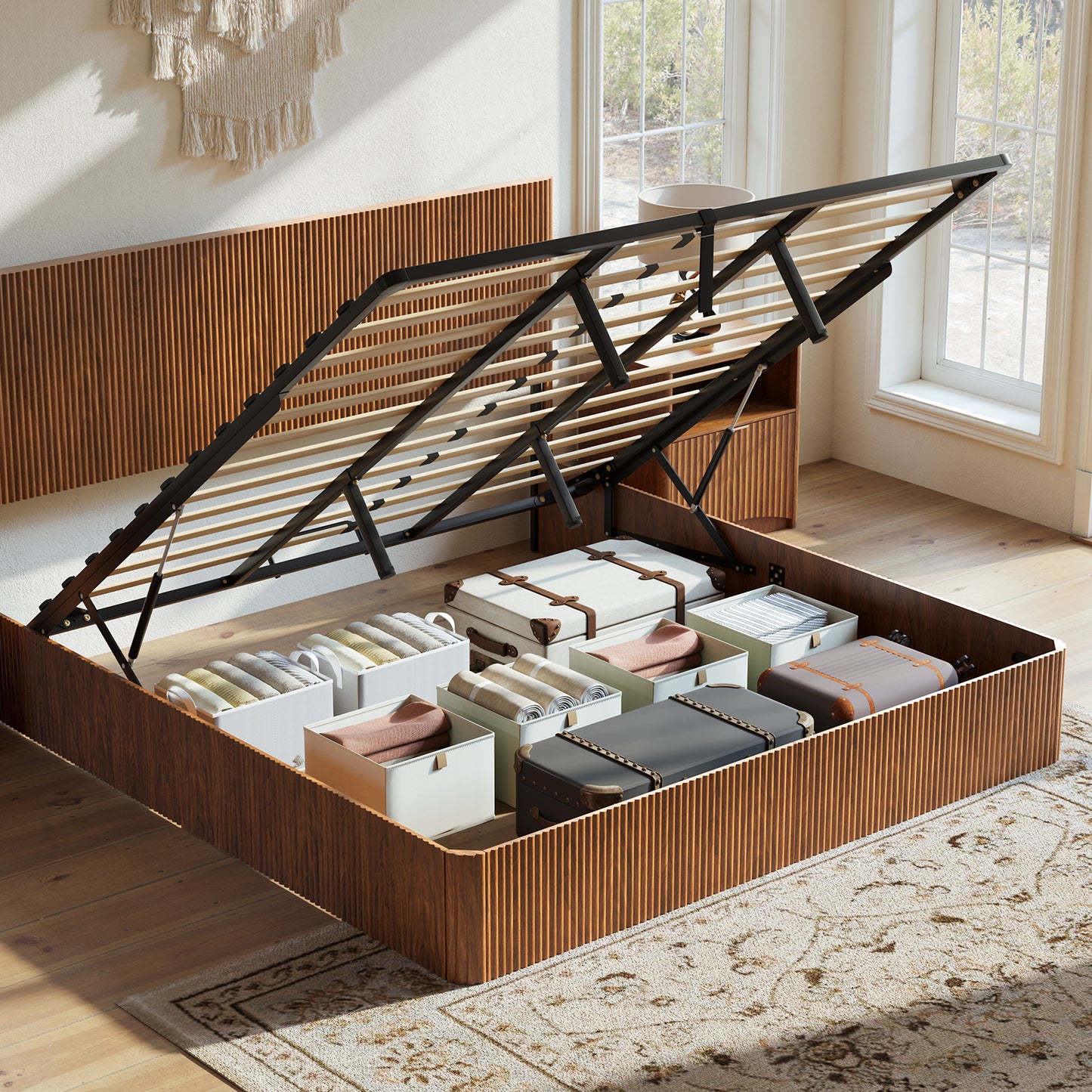 Evermagin Walnut King Lift Up Storage Bed Frame, Mid Century Modern Fluted Bed Frame, Wood Hydraulic King Size Bedframe with Headboard