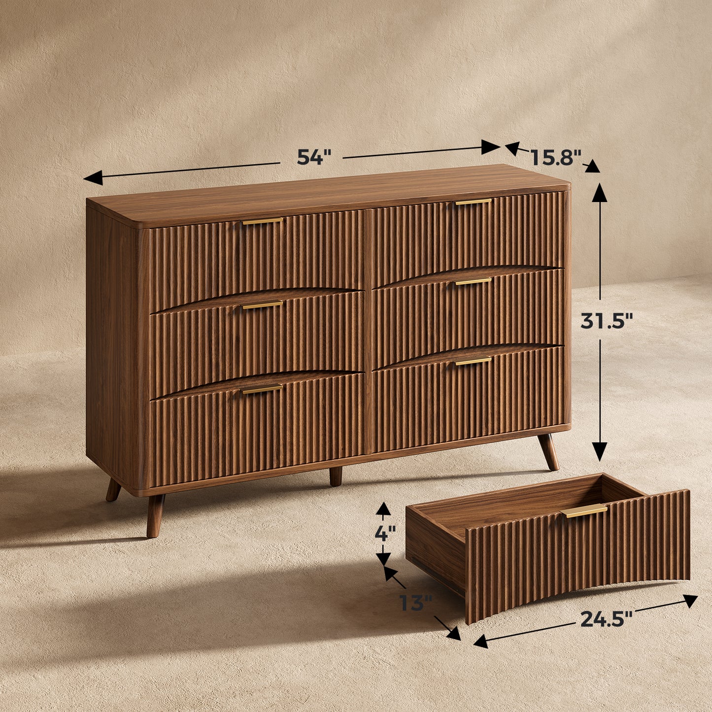 Evermagin 54" Wide Fluted 6 Drawer Dresser, Mid Century Modern Curved Dresser, Light Wood Chest of Drawers for Bedroom, Living Room and Entryway, Walnut