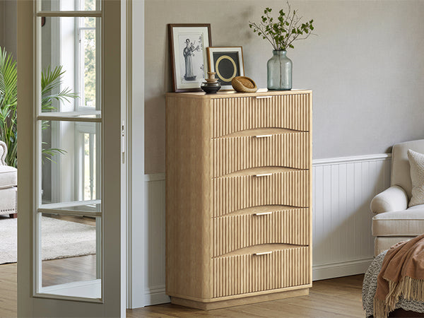 Evermagin Fluted 5 Drawers Dresser, 47" Tall Wooden Dressers Storage Organizer,Modern Chest of Drawers for Bedroom with Deep Storage, Living Room,Entryway, Natural Oak