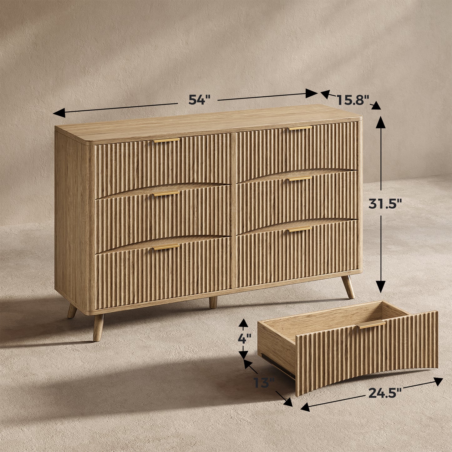 Evermagin 54" Wide Fluted 6 Drawer Dresser, Mid Century Modern Curved Dresser, Light Wood Chest of Drawers for Bedroom, Living Room and Entryway, Natural Oak