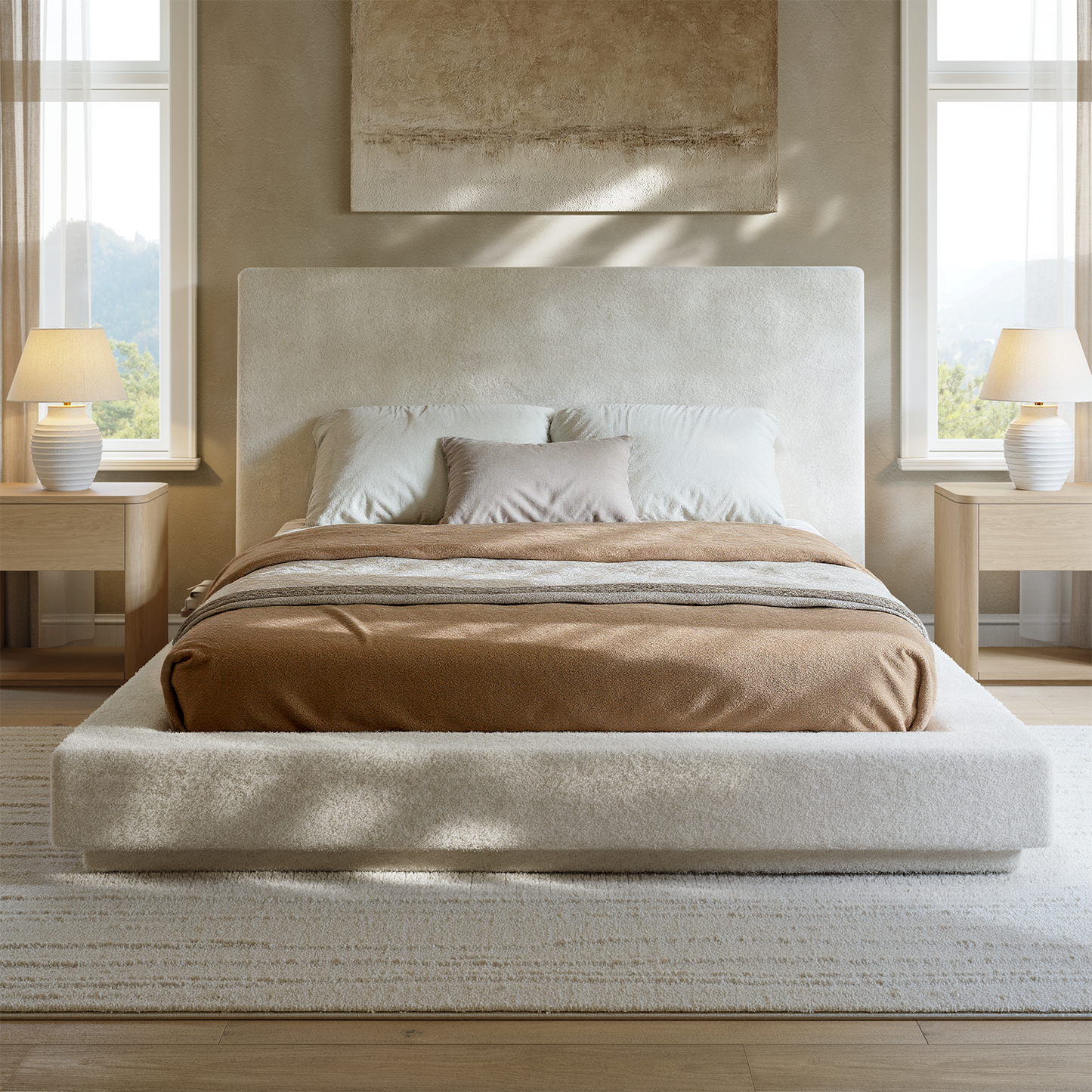 Evermagin White King Upholstered Bed Frame with Headboard,Soft Frame Cloud Bed with Adjust 2 Bedside Table,Modern Platform Cushion Bed Frame for Bedroom,No Box Spring Required, Easy Assembly