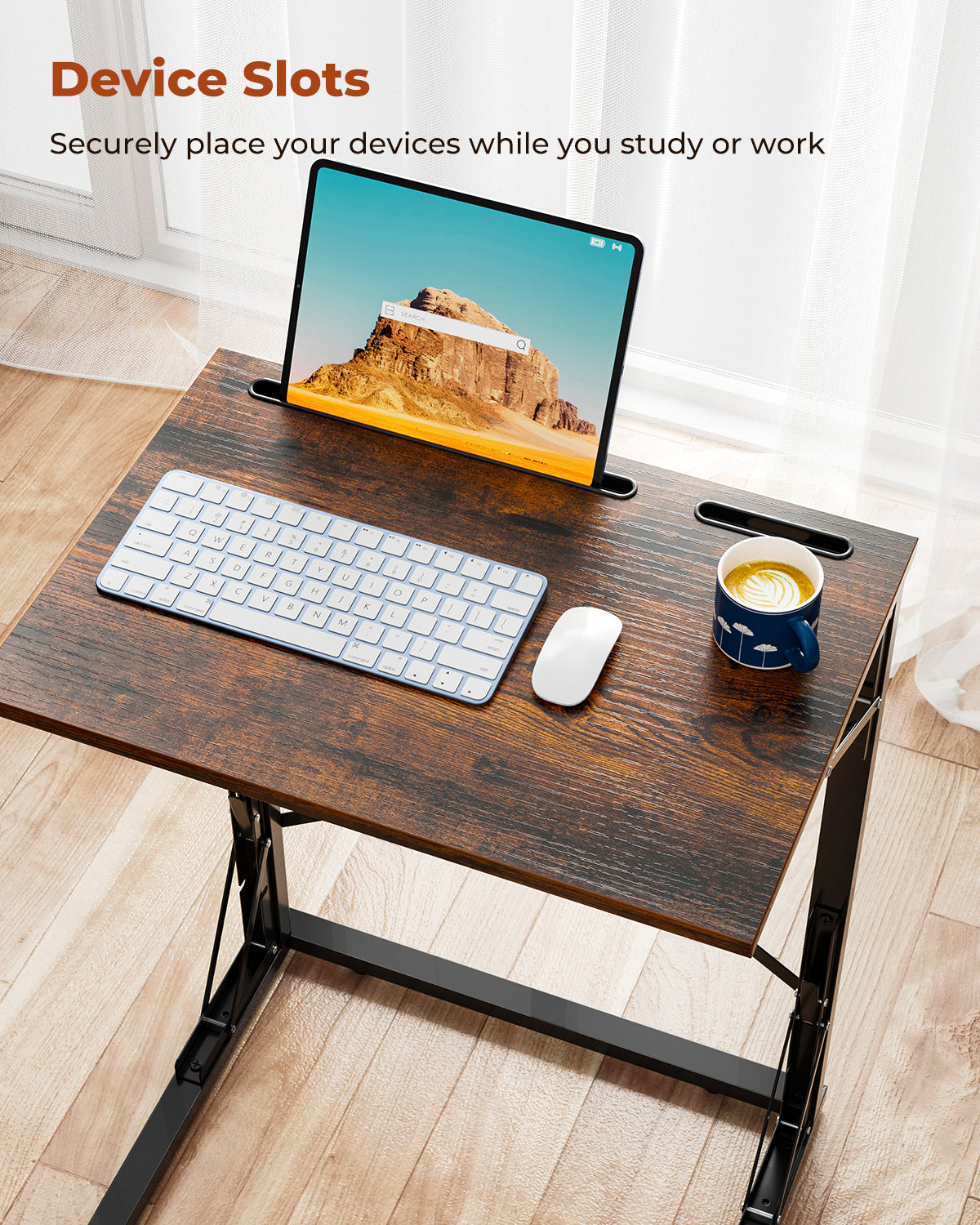 Folding TV Tray, Small Foldable C-Shaped End Table for Eating with Tablet and Phone Slots, Slide Under Couch Side Table for Recliner, Living Room, Bedroom, Rustic Brown