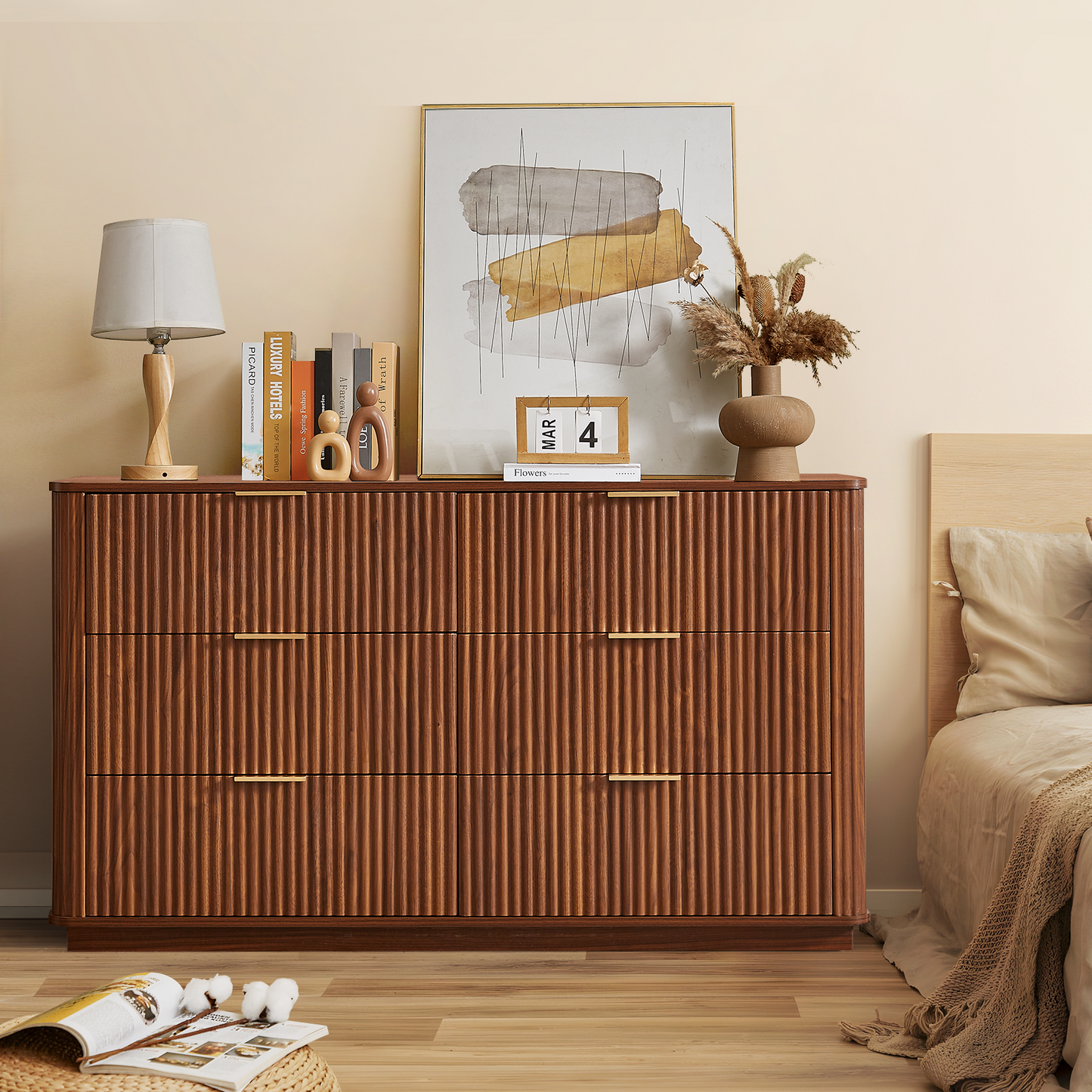 55" Walnut Fluted Dresser with 6 Drawers for Bedroom, Long Dresser TV Stand with Metal Handle, Wooden Modern Chest of Drawers with Curved Profile Design Organizer for Living Room and Hallway