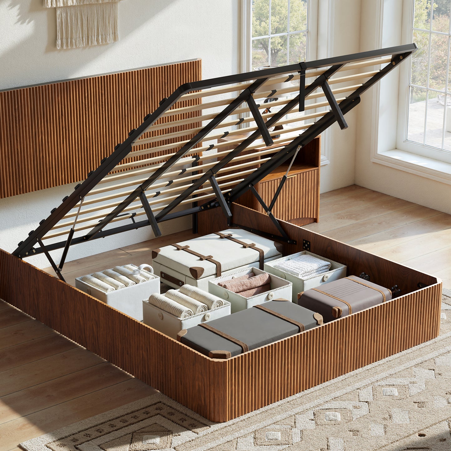 Evermagin Walnut Queen Lift Up Storage Bed Frame, Mid Century Modern Fluted Bed Frame, Wood Hydraulic Queen Size Bedframe with Headboard