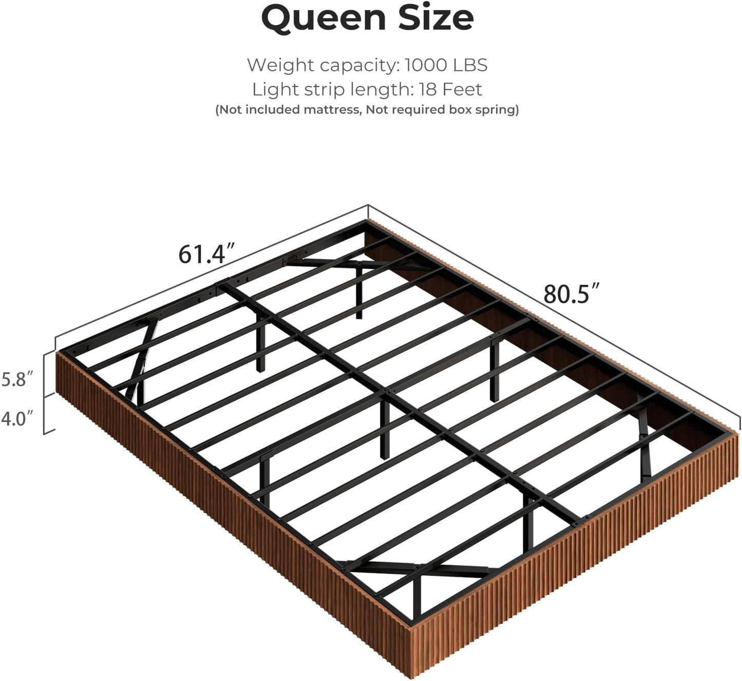 Walnut Queen Floating Bed Frame with led Lights, Mid Century Modern Fluted Floating Platform Bed No Headboard, Heavy Duty Metal Float Bedframe No Box Spring Needed