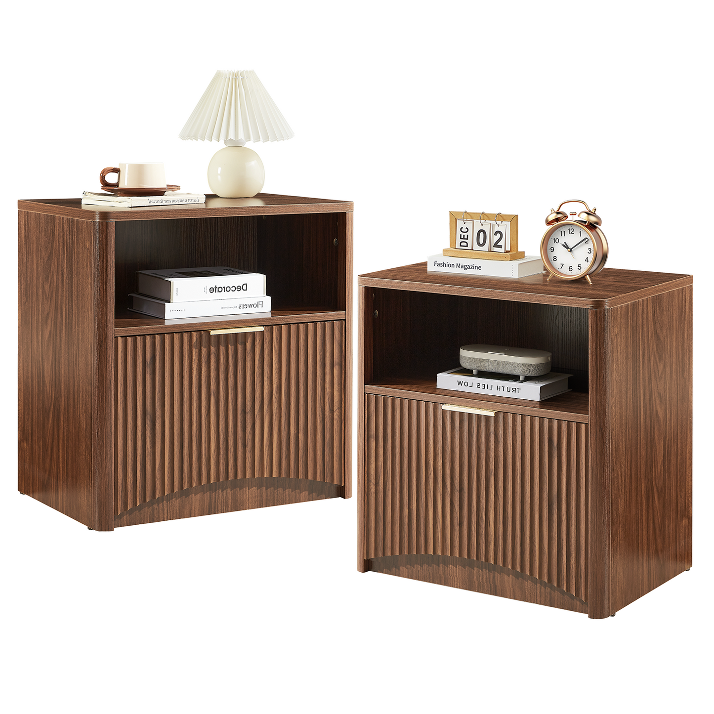 Fluted Nightstand Set of 2, Natural Oak Bedside Table with Drawer and Storage, Wood End Table Mid Century Modern, Large Night Stand for Bedroom