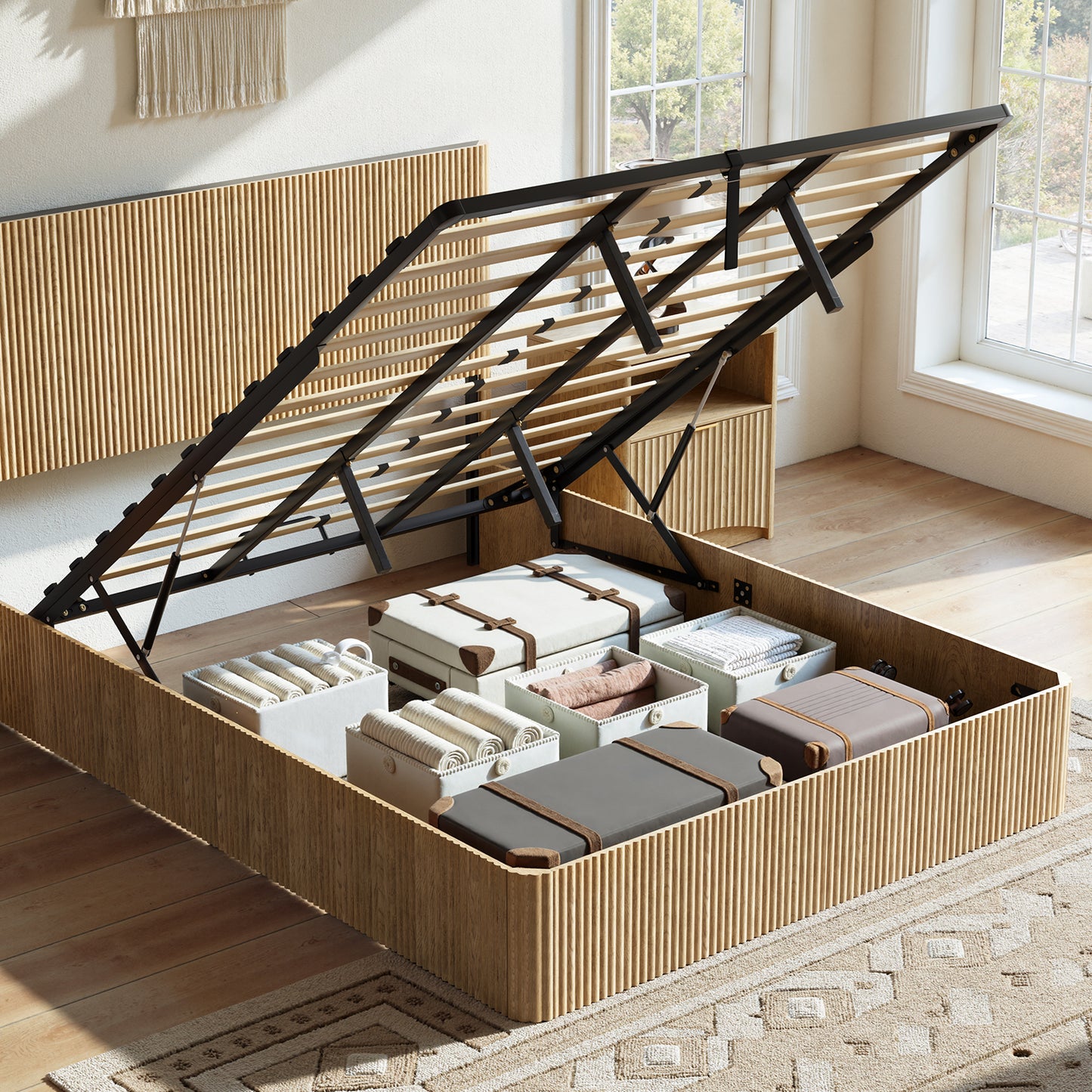 Evermagin Natural Queen Lift Up Storage Bed Frame, Mid Century Modern Fluted Bed Frame, Wood Hydraulic Queen Size Bedframe with Headboard