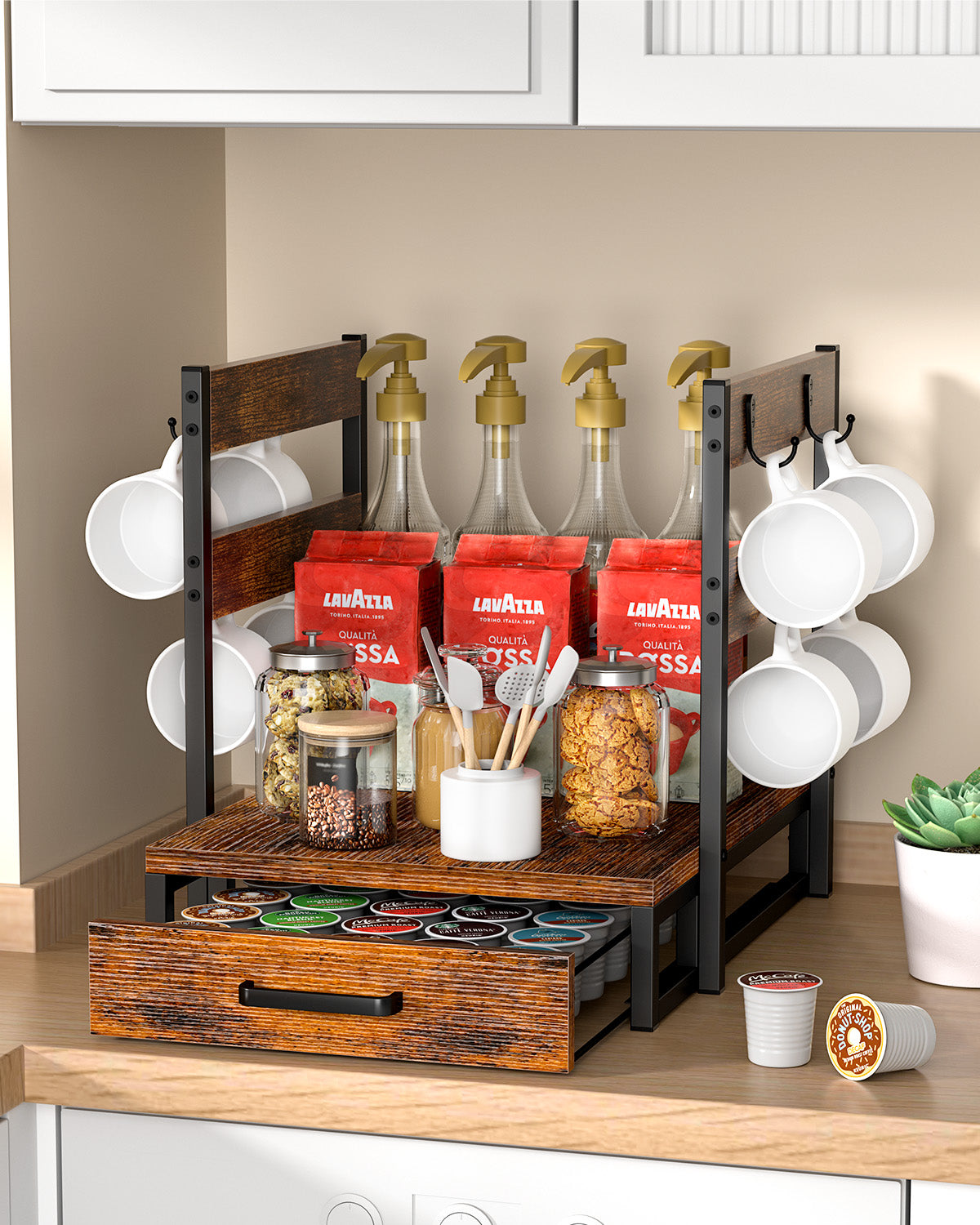 Evermagin K Cup Holder, 35 Pod Capacity, Coffee Pod Holder Compatible with Keurig, Coffee Station Organizer for Countertop with Cup Rack, Rustic Brown