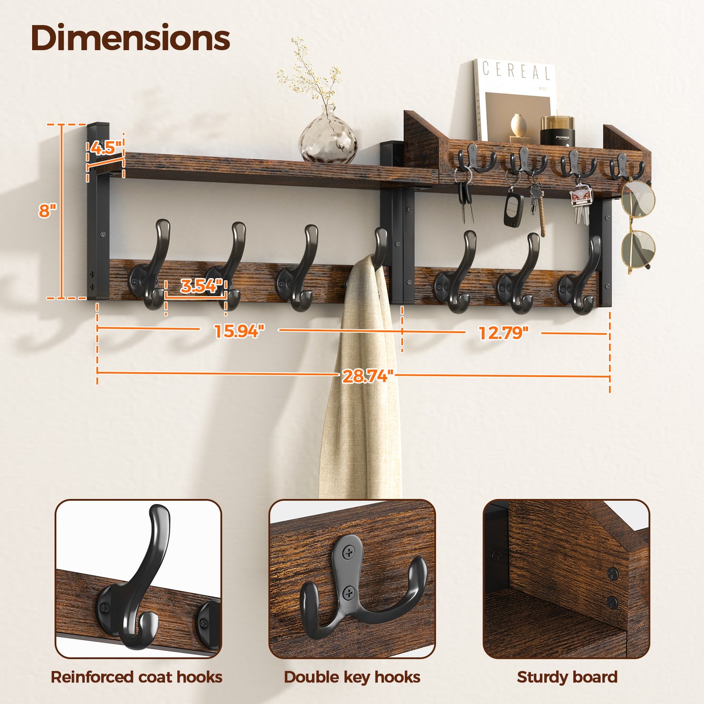 Evermagin 29" Coat Rack Wall Mount with Shelf, 4 in 1 Coat and Key Hanger with 11 Metal Hooks, Entryway Wall Mounted Shelf with Mail Holder for Living Room, Bedroom