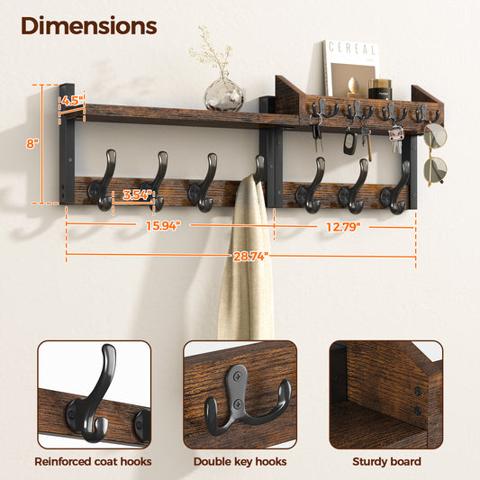 Evermagin 29" Coat Rack Wall Mount with Shelf, 4 in 1 Coat and Key Hanger with 11 Metal Hooks, Entryway Wall Mounted Shelf with Mail Holder for Living Room, Bedroom