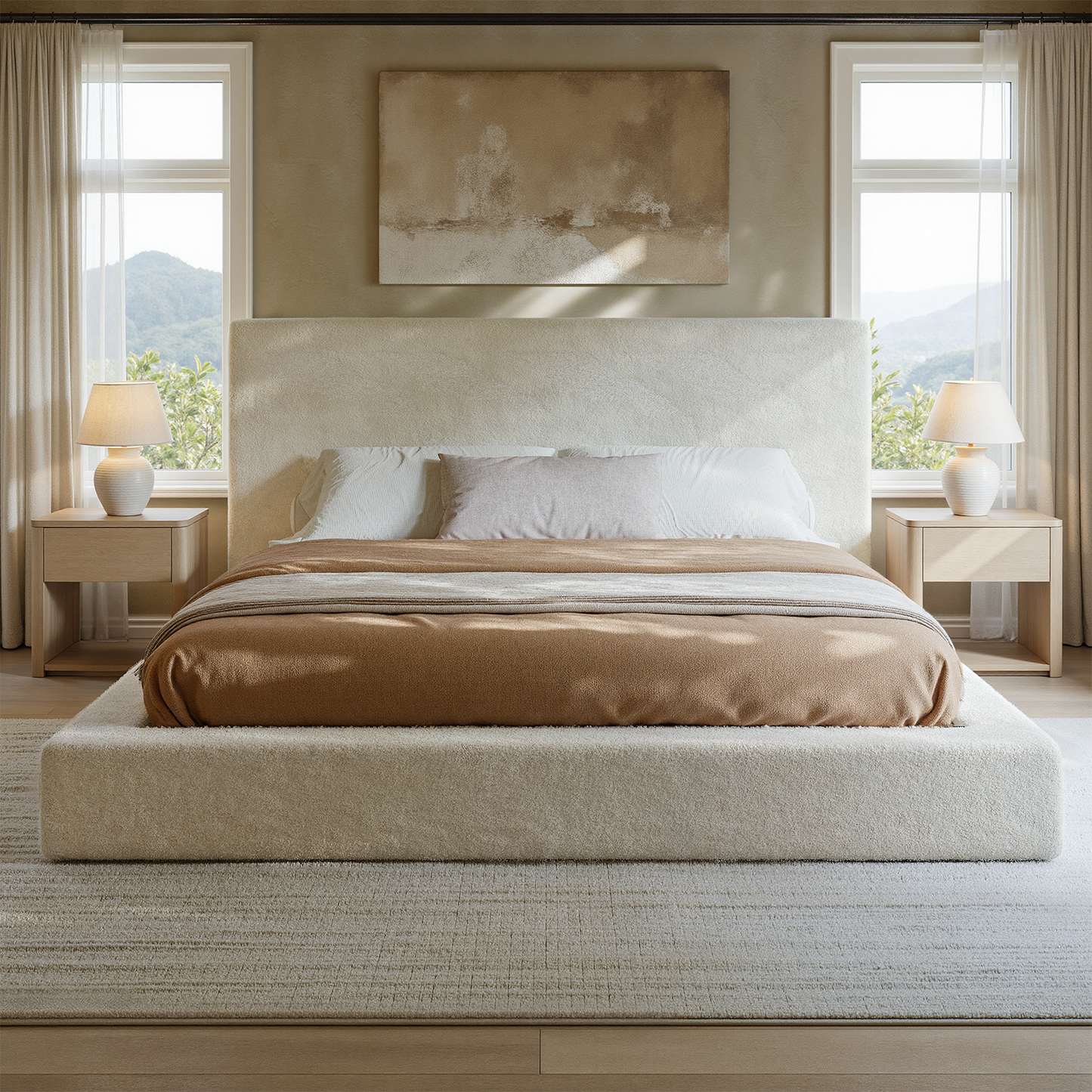 Evermagin White King Upholstered Bed Frame with Headboard,Soft Frame Cloud Bed with Adjust 2 Bedside Table,Modern Platform Cushion Bed Frame for Bedroom,No Box Spring Required, Easy Assembly