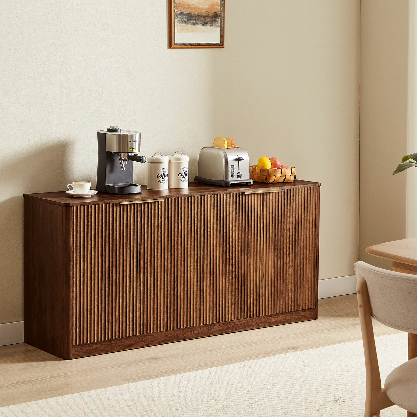 Evermagin 67" Fluted Walnut Buffet Cabinet Sideboard with Storage, Large Credenza with 6 Doors, Wood Mid Century Modern Sideboard for Kitchen and Living Room