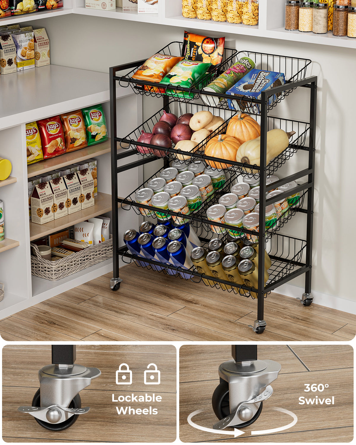 Evermagin Kitchen Storage Cart, Rolling Snack Cart, 25.2''W 4 Tier Fruit Basket Stand, Metal Pantry Storage with Stackable Wire Basket, Black