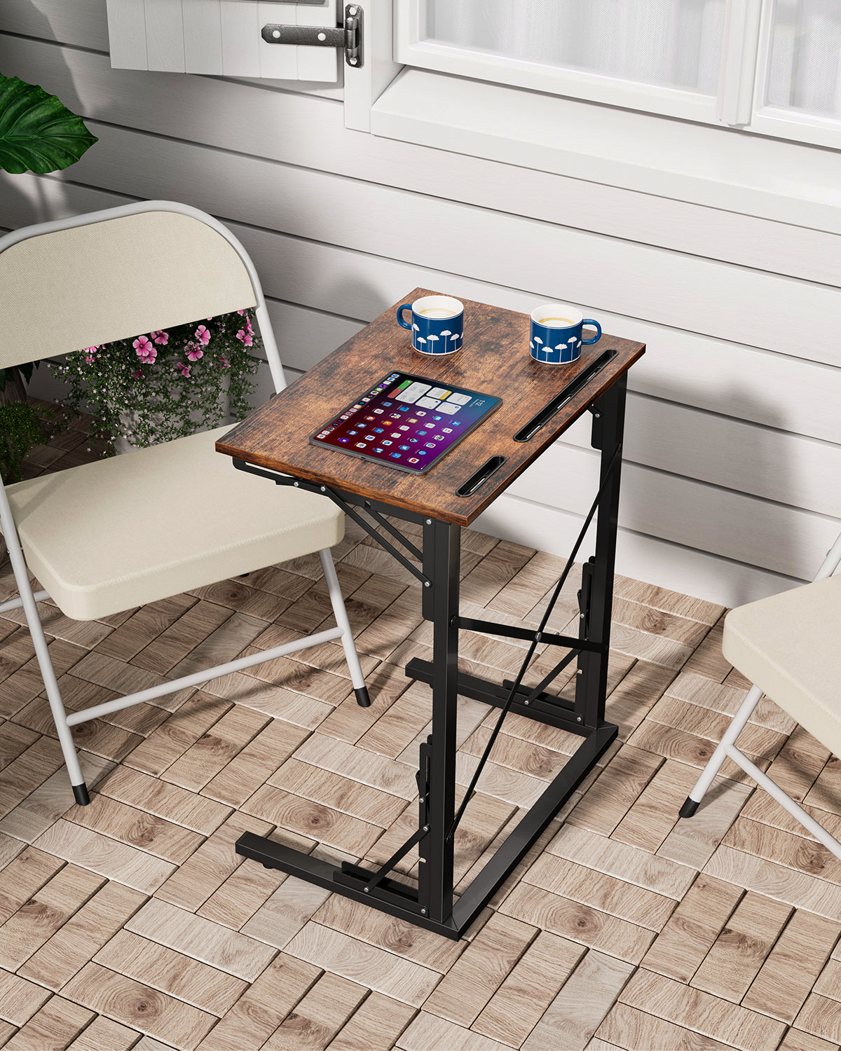 Folding TV Tray, Small Foldable C-Shaped End Table for Eating with Tablet and Phone Slots, Slide Under Couch Side Table for Recliner, Living Room, Bedroom, Rustic Brown