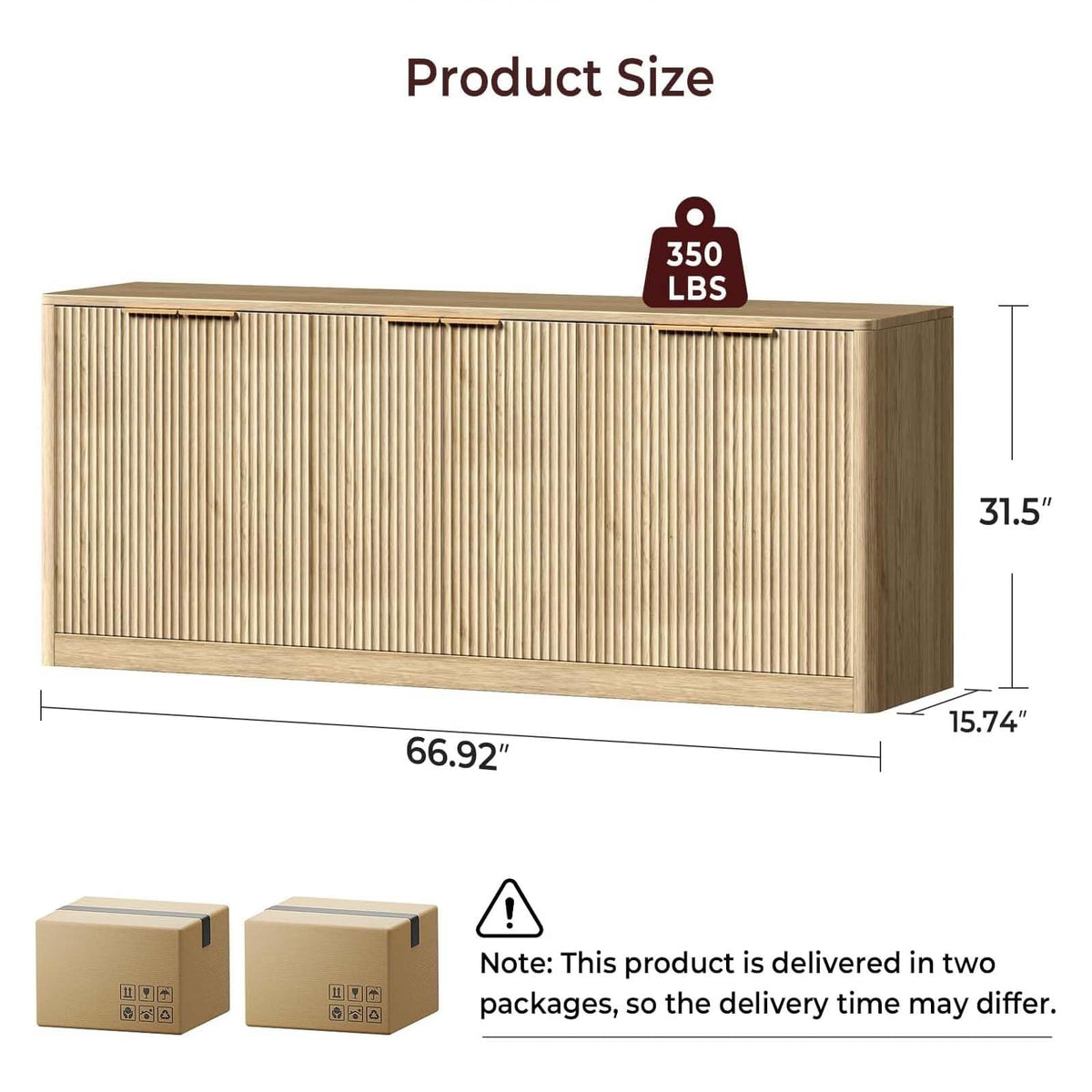 Evermagin 67" Fluted Oak Buffet Cabinet with Storage, Mid-century modern wood sideboard, large credenza with 6 doors for kitchen or living room, 67"W x 31.5"H x 15.7"D