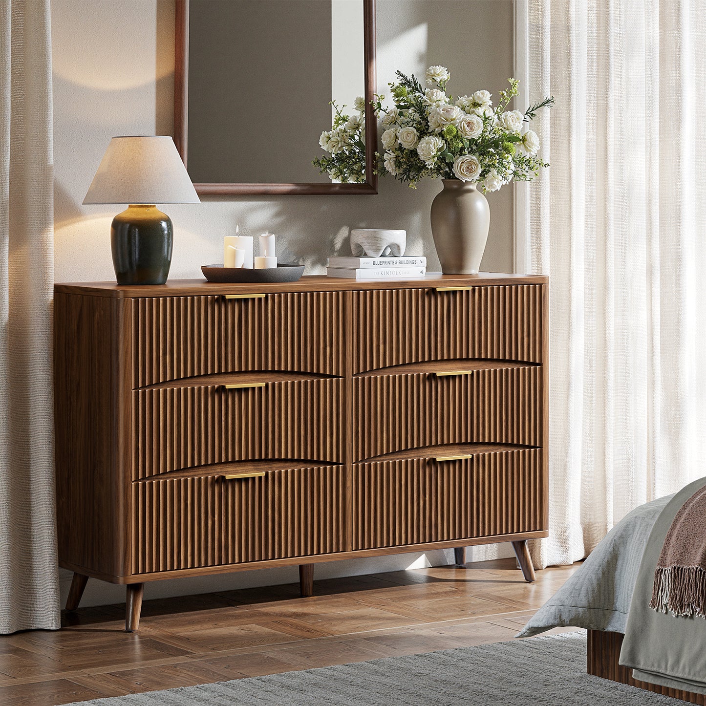 Evermagin 54" Wide Fluted 6 Drawer Dresser, Mid Century Modern Curved Dresser, Light Wood Chest of Drawers for Bedroom, Living Room and Entryway, Walnut