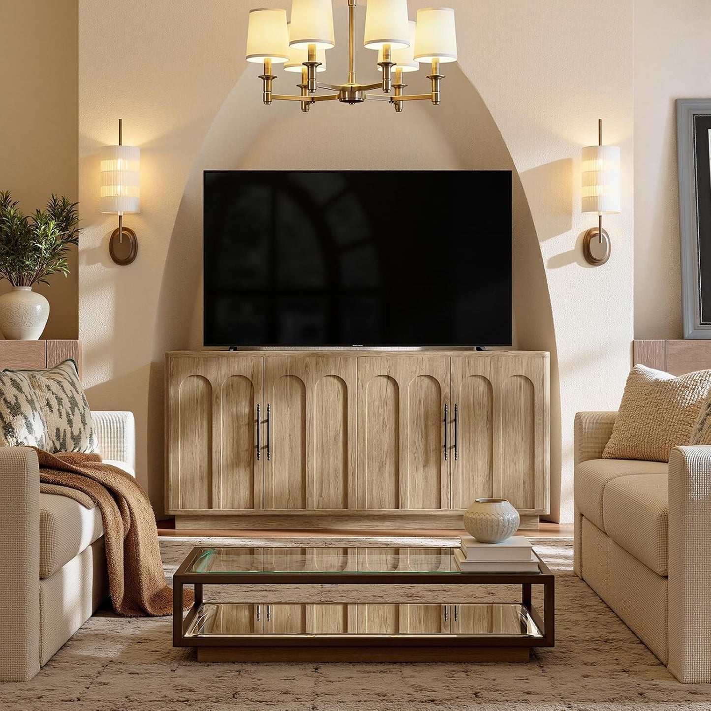 Evermagin 67" Arched Oak Buffet Cabinet with Storage, Large Credenza with 4 Doors, Wood Mid Century Modern Sideboard for Kitchen and Living Room (67"*31.5"*15.7")