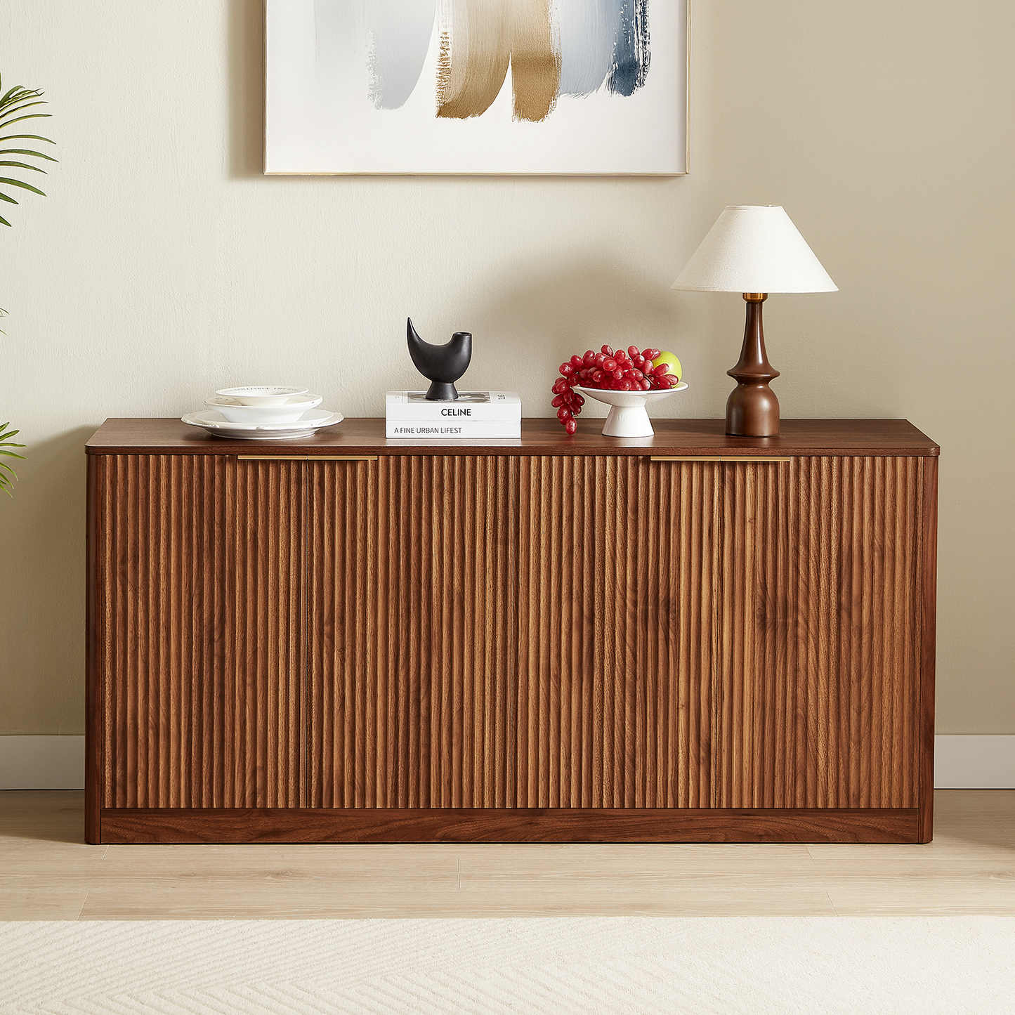 Evermagin 67" Fluted Walnut Buffet Cabinet Sideboard with Storage, Large Credenza with 6 Doors, Wood Mid Century Modern Sideboard for Kitchen and Living Room