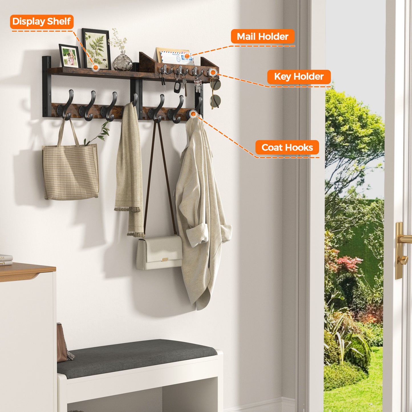 Evermagin 29" Coat Rack Wall Mount with Shelf, 4 in 1 Coat and Key Hanger with 11 Metal Hooks, Entryway Wall Mounted Shelf with Mail Holder for Living Room, Bedroom