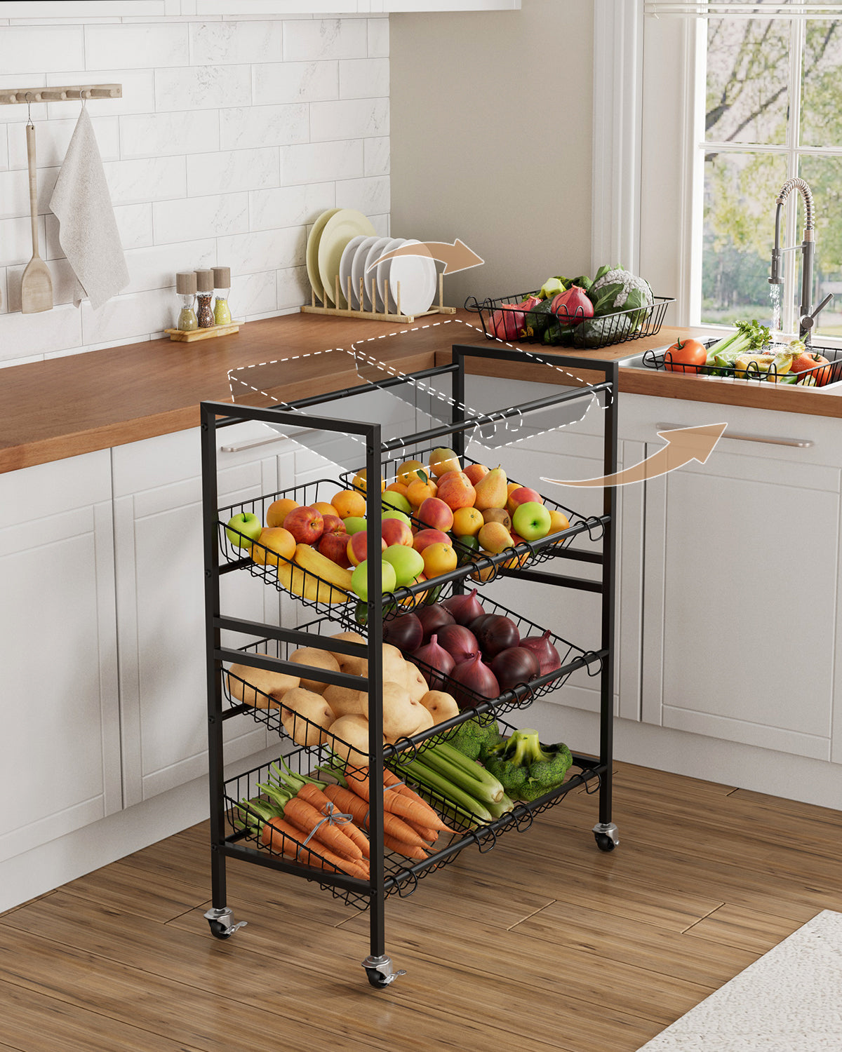 Evermagin Kitchen Storage Cart, Rolling Snack Cart, 25.2''W 4 Tier Fruit Basket Stand, Metal Pantry Storage with Stackable Wire Basket, Black