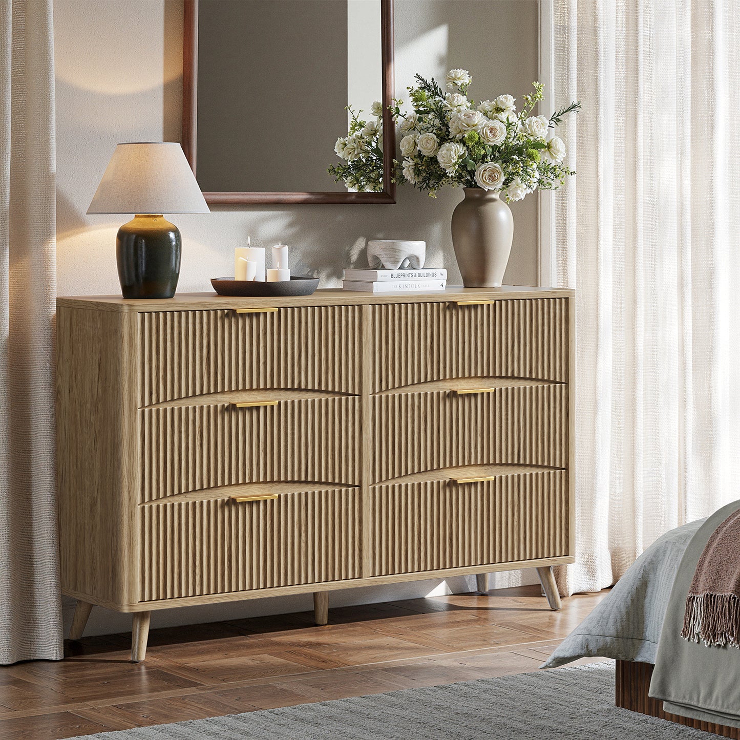 Evermagin 54" Wide Fluted 6 Drawer Dresser, Mid Century Modern Curved Dresser, Light Wood Chest of Drawers for Bedroom, Living Room and Entryway, Natural Oak