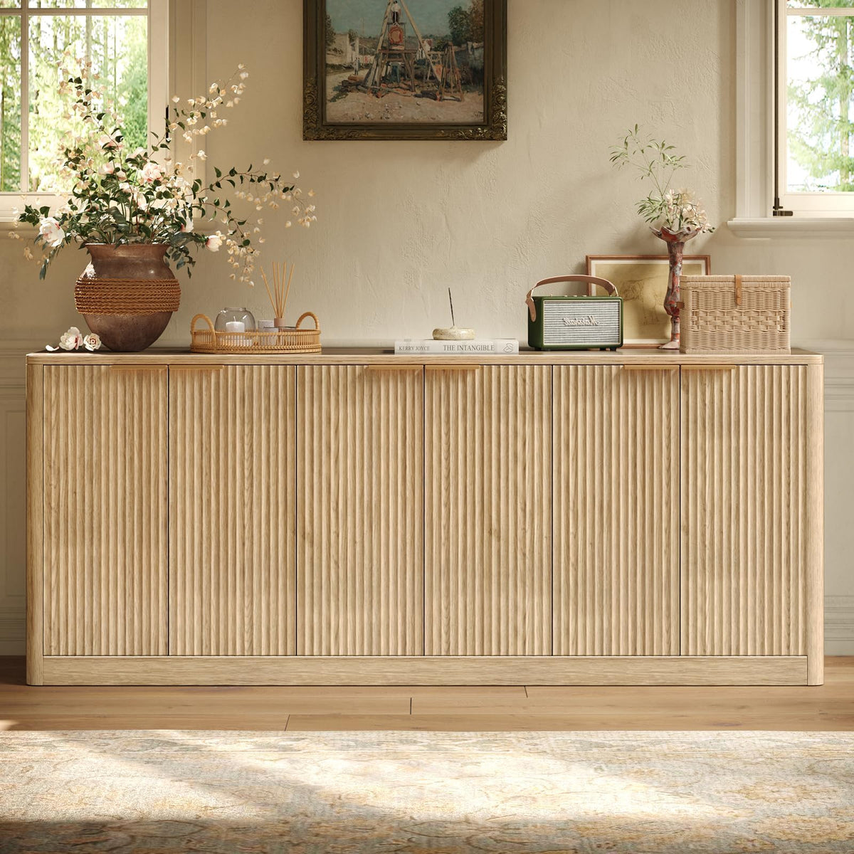 Evermagin 67" Fluted Oak Buffet Cabinet with Storage, Mid-century modern wood sideboard, large credenza with 6 doors for kitchen or living room, 67"W x 31.5"H x 15.7"D