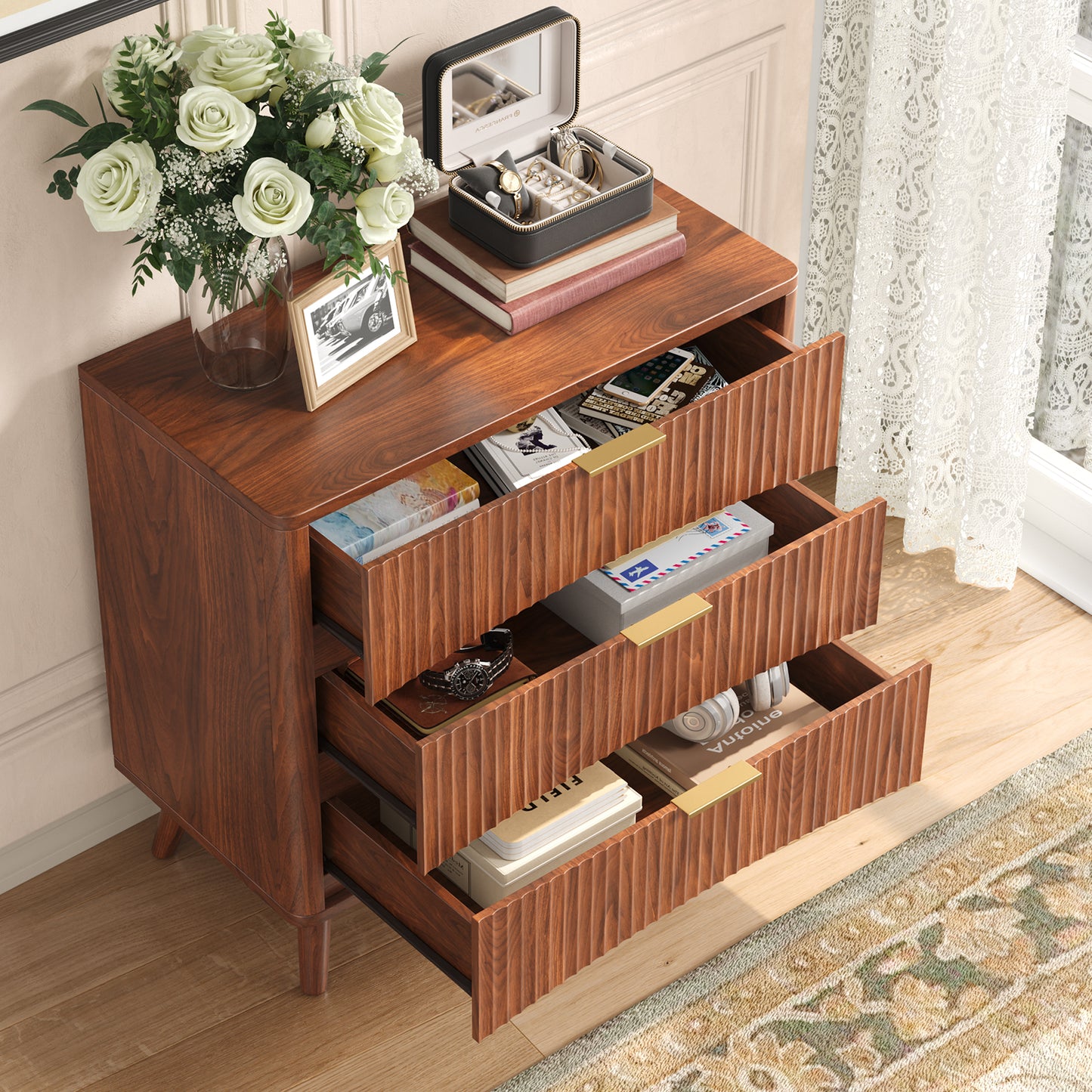 31.5W×29“H Large Fluted Nightstands Set of 2, 3 Drawer Light Wood Night Stand Bedside Table, Mid Century Modern Small Dresser for Bedroom, Natural Oak