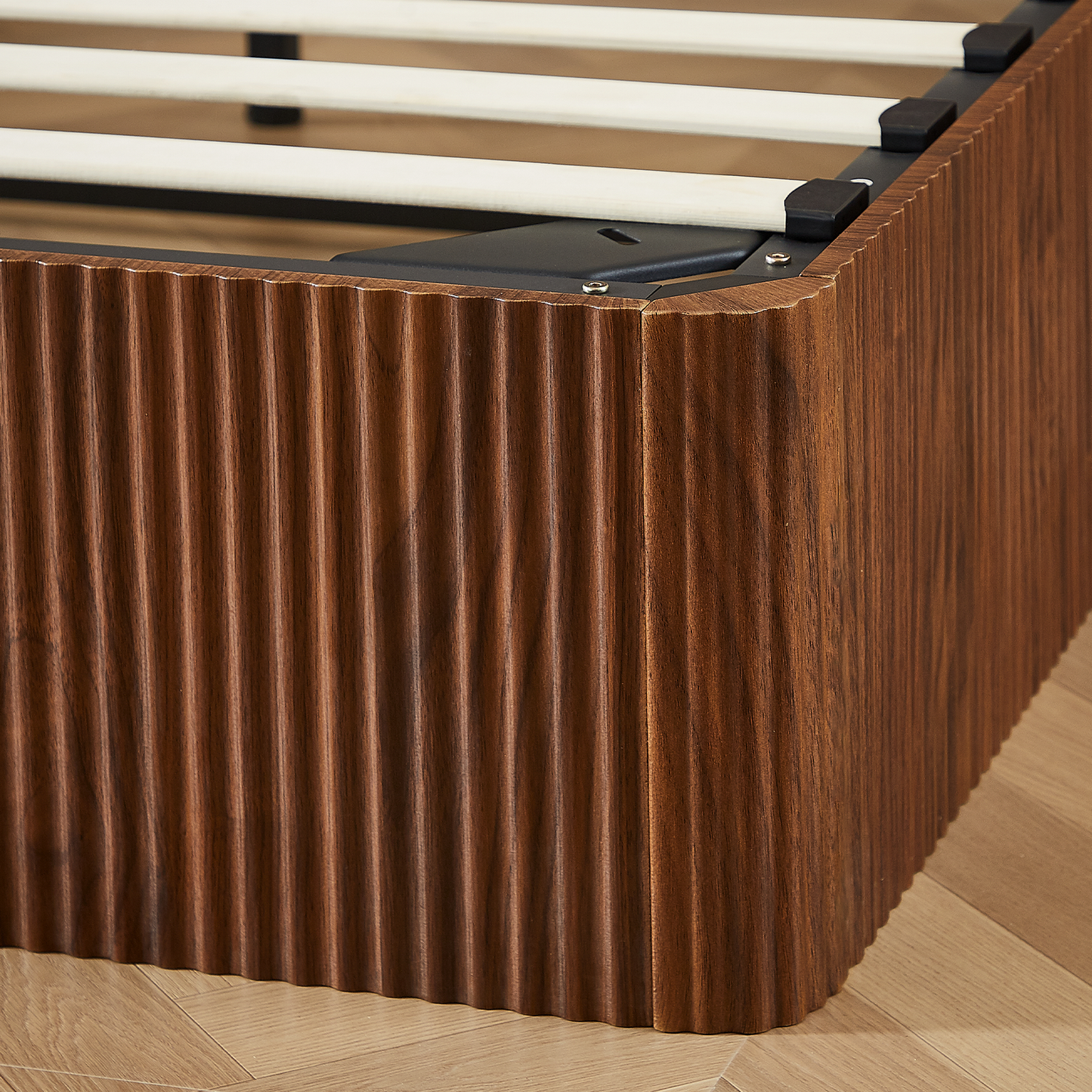 Walnut Queen Floating Bed Frame with led Lights, Mid Century Modern Fluted Floating Platform Bed No Headboard, Heavy Duty Metal Float Bedframe No Box Spring Needed