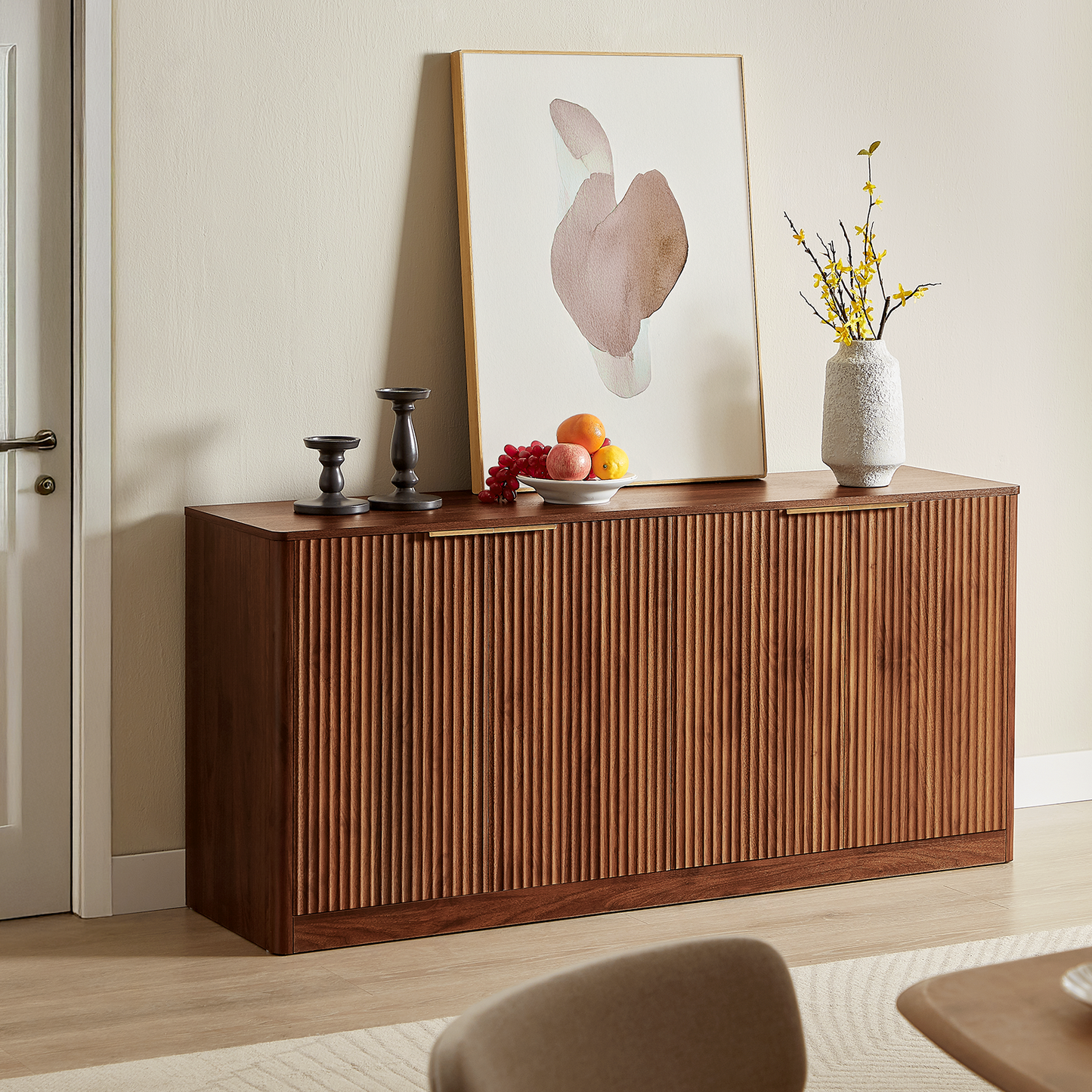 Evermagin 67" Fluted Walnut Buffet Cabinet Sideboard with Storage, Large Credenza with 6 Doors, Wood Mid Century Modern Sideboard for Kitchen and Living Room