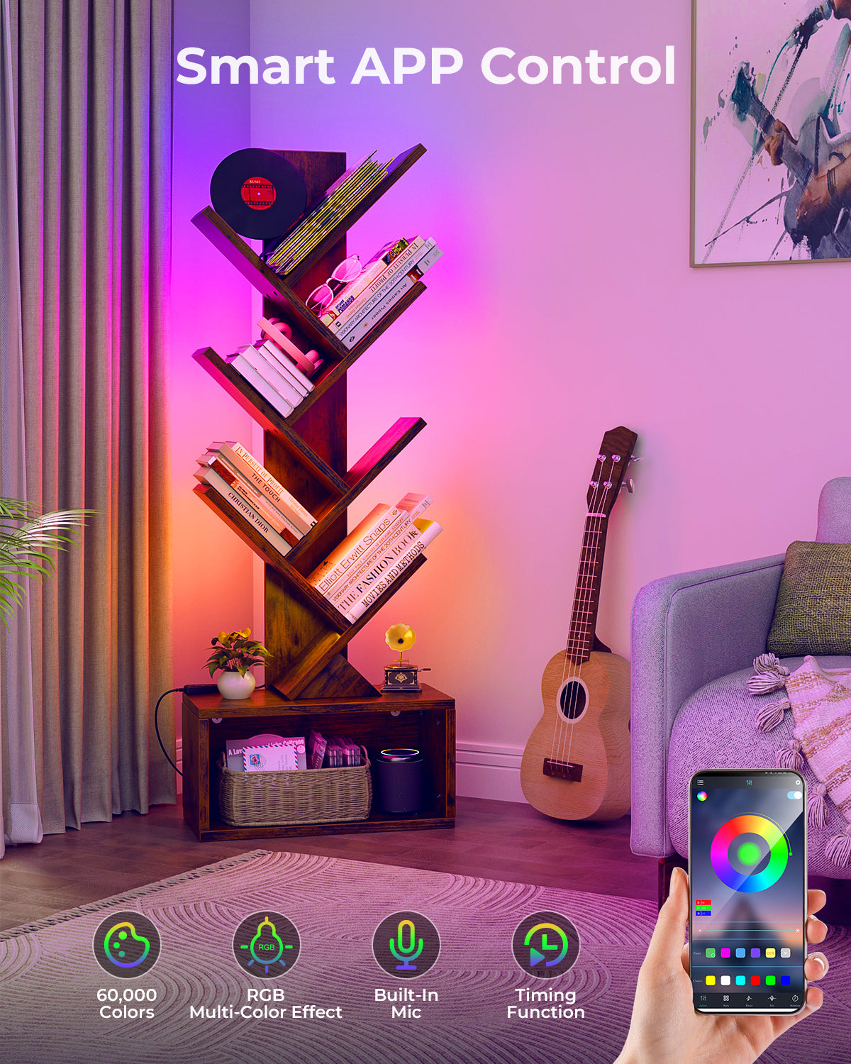 Evermagin 6 Tier Tree Bookshelf with Lights, LED Book Tree Bookcase with Storage Organizer, Small Corner Bookshelf Floor Standing Book Shelf for Living Room, Bedroom & Home Office