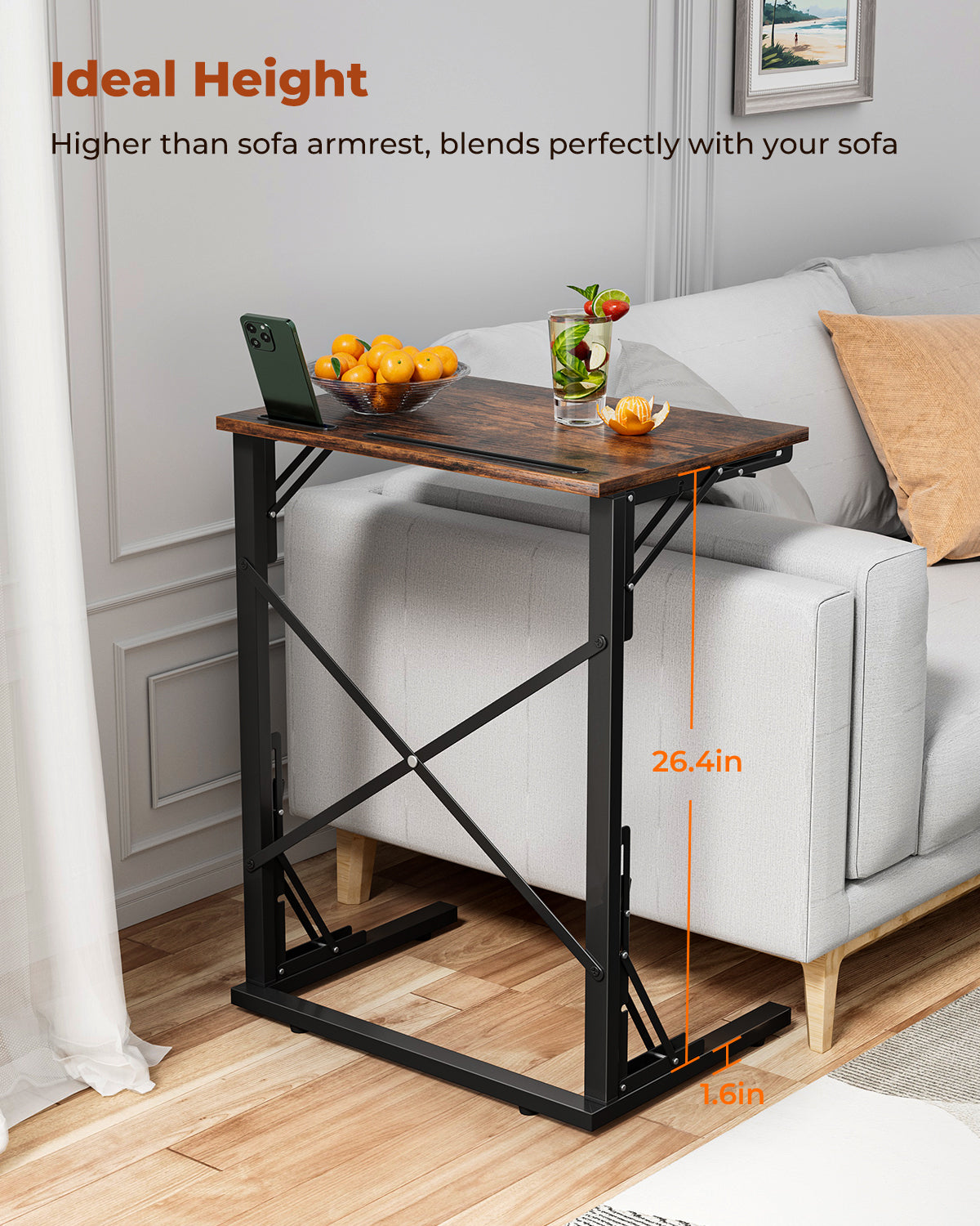 Folding TV Tray, Small Foldable C-Shaped End Table for Eating with Tablet and Phone Slots, Slide Under Couch Side Table for Recliner, Living Room, Bedroom, Rustic Brown