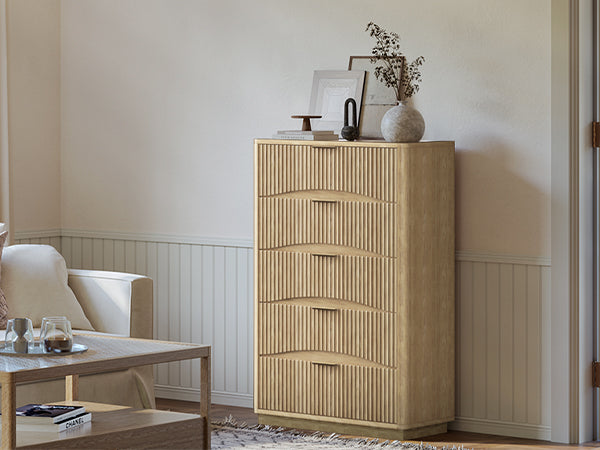 Evermagin Fluted 5 Drawers Dresser, 47" Tall Wooden Dressers Storage Organizer,Modern Chest of Drawers for Bedroom with Deep Storage, Living Room,Entryway, Natural Oak