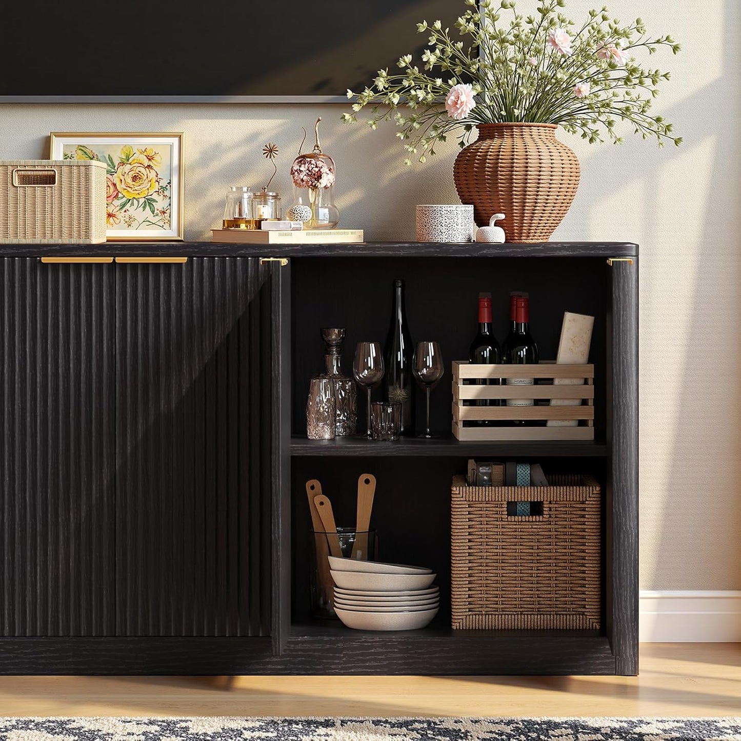 Evermagin 67" Fluted Black Buffet Cabinet Sideboard with Storage, Large Credenza with 6 Doors, Wood Mid Century Modern Sideboard for Kitchen and Living Room (67"*31.5"*15.7")