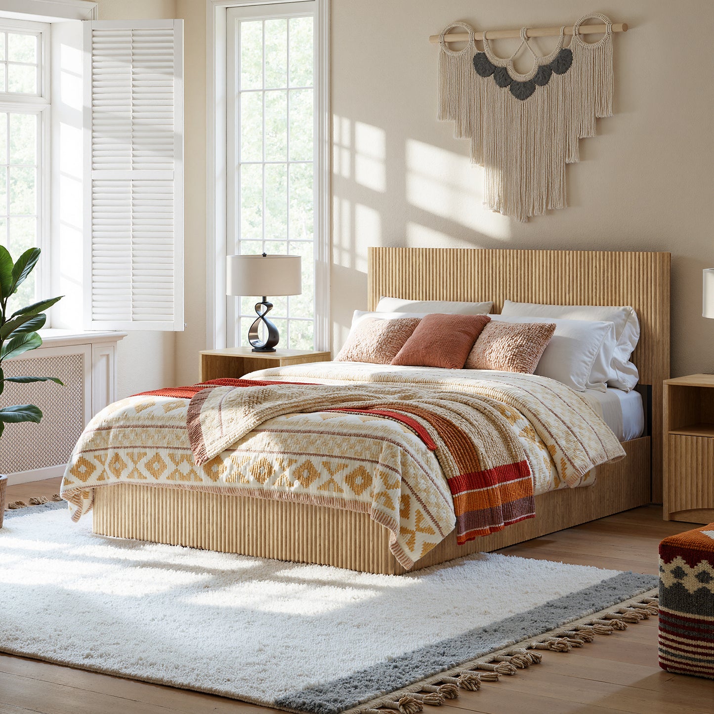 Evermagin Natural Queen Lift Up Storage Bed Frame, Mid Century Modern Fluted Bed Frame, Wood Hydraulic Queen Size Bedframe with Headboard