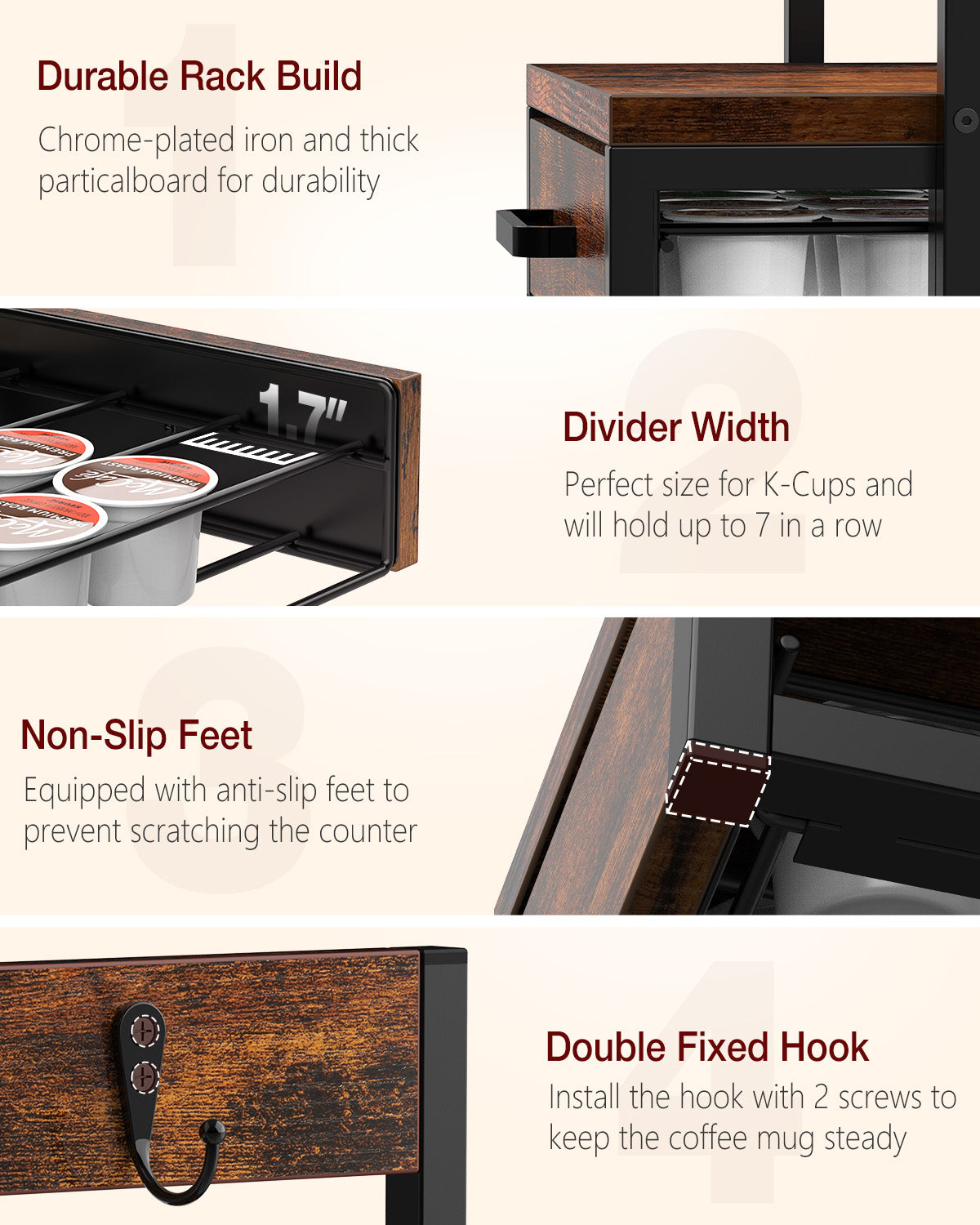 Evermagin K Cup Holder, 35 Pod Capacity, Coffee Pod Holder Compatible with Keurig, Coffee Station Organizer for Countertop with Cup Rack, Rustic Brown