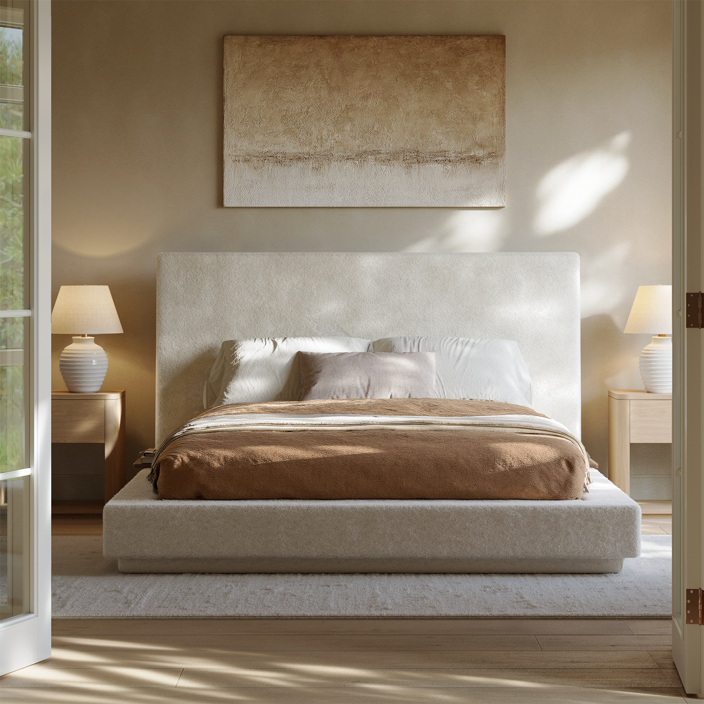 Evermagin White King Upholstered Bed Frame with Headboard,Soft Frame Cloud Bed with Adjust 2 Bedside Table,Modern Platform Cushion Bed Frame for Bedroom,No Box Spring Required, Easy Assembly