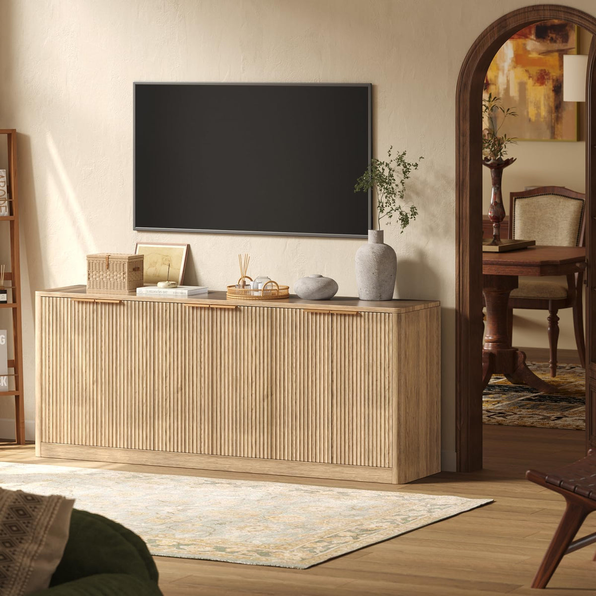 Evermagin 67" Fluted Oak Buffet Cabinet with Storage, Mid-century modern wood sideboard, large credenza with 6 doors for kitchen or living room, 67"W x 31.5"H x 15.7"D