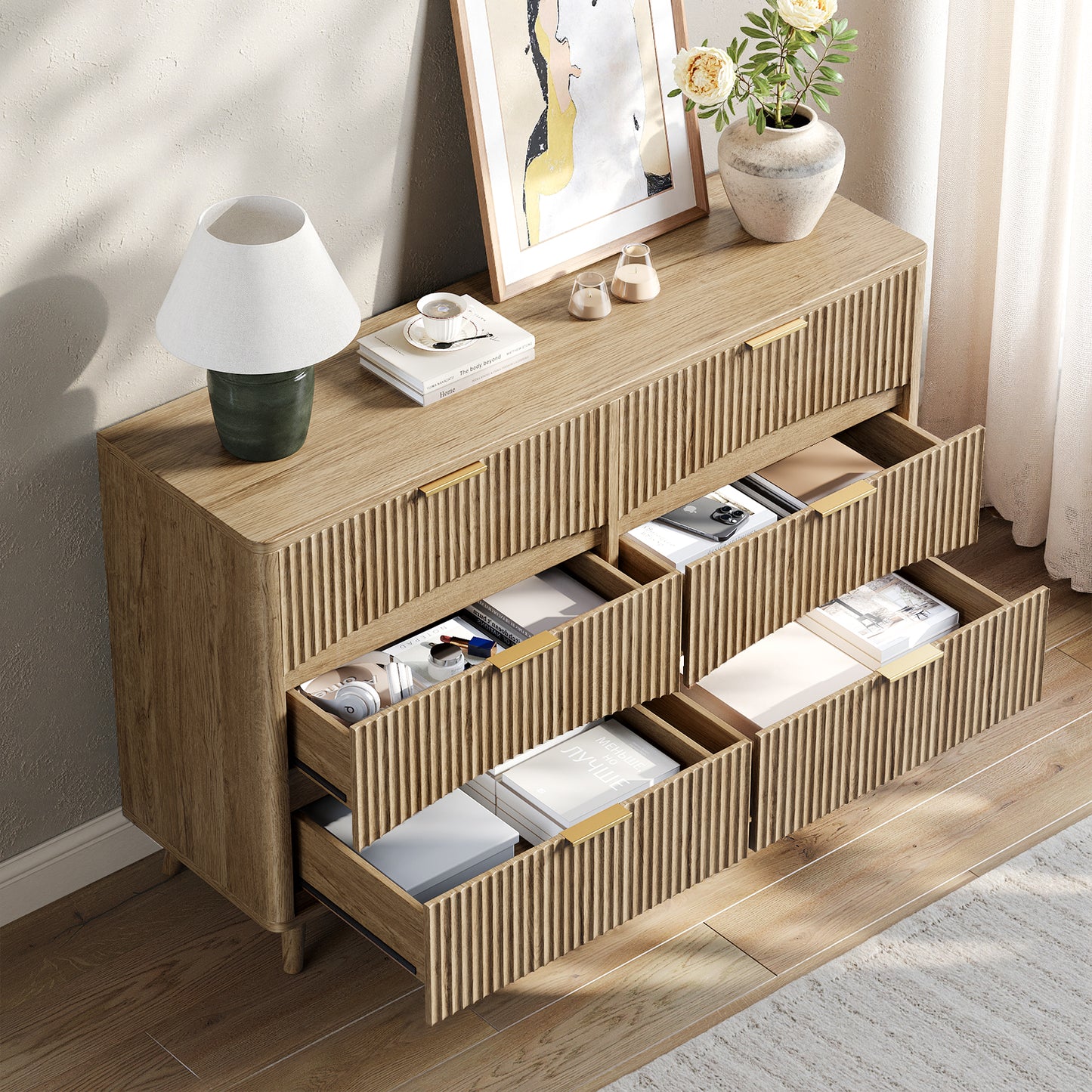 Evermagin 54" Wide Fluted 6 Drawer Dresser, Mid Century Modern Curved Dresser, Light Wood Chest of Drawers for Bedroom, Living Room and Entryway, Natural Oak