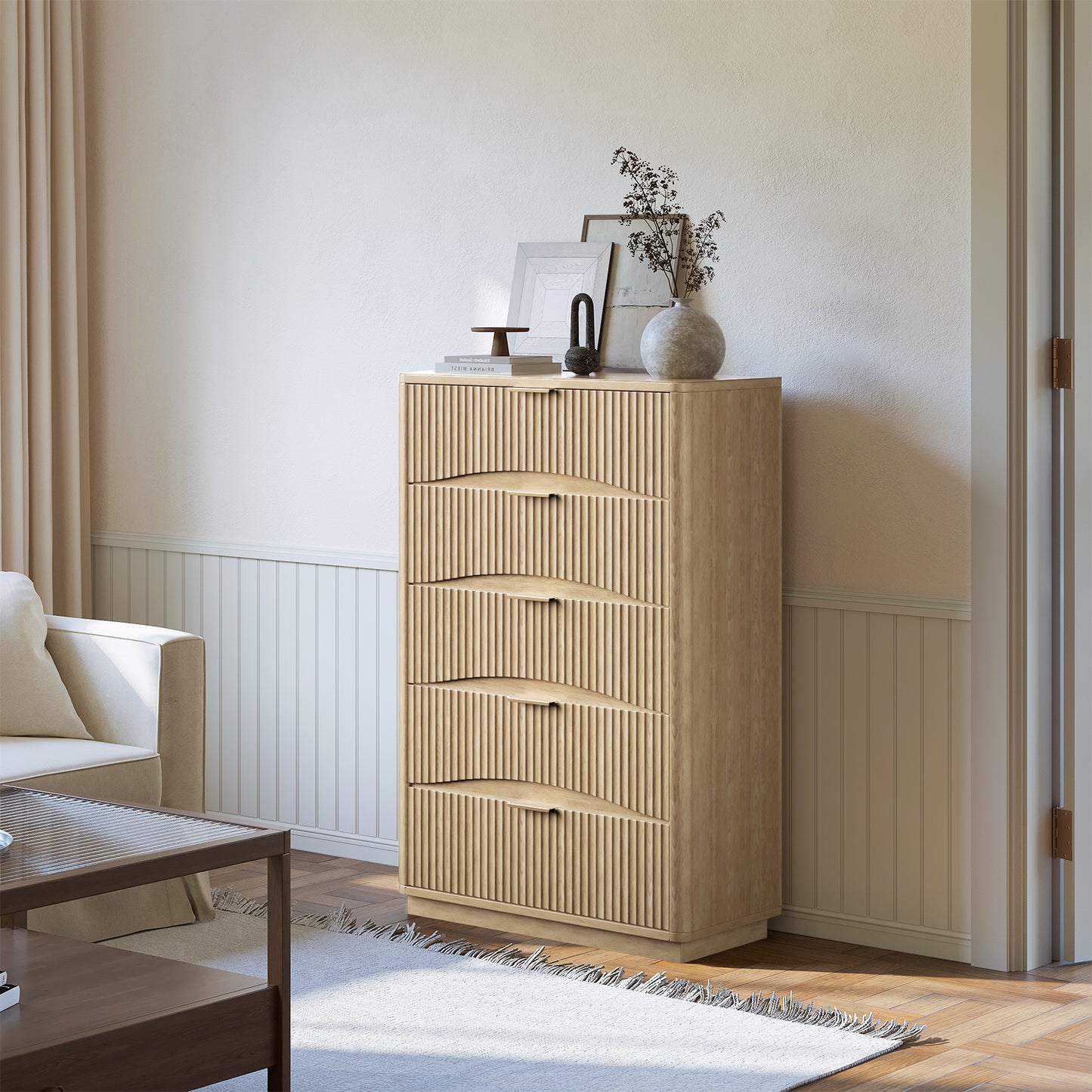 Evermagin Fluted 5 Drawers Dresser, 47" Tall Wooden Dressers Storage Organizer,Modern Chest of Drawers for Bedroom with Deep Storage, Living Room,Entryway, Natural Oak