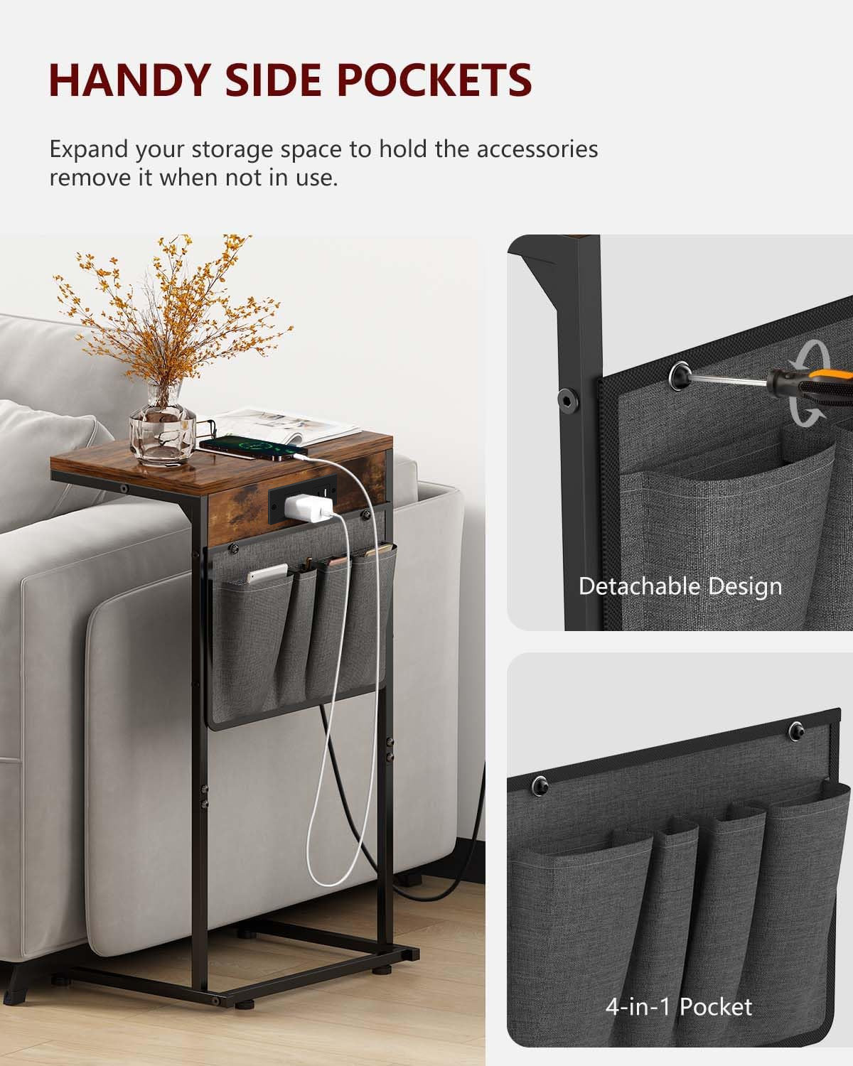 Evermagin C Shaped End Table with Charging Station, Small Side Table with Storage Bag for Couch and Recliner, Slide Under Sofa Tray for Living Room, Bedroom
