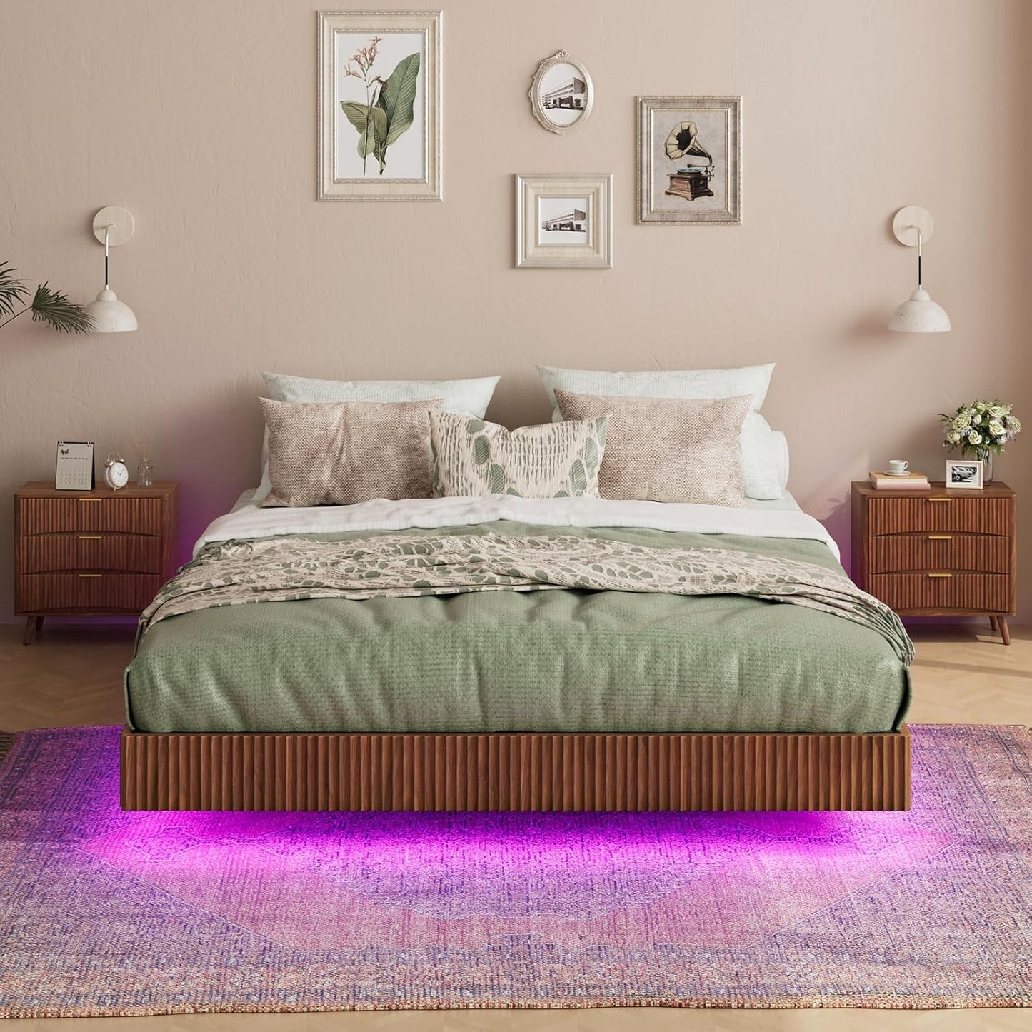 Walnut Queen Floating Bed Frame with led Lights, Mid Century Modern Fluted Floating Platform Bed No Headboard, Heavy Duty Metal Float Bedframe No Box Spring Needed