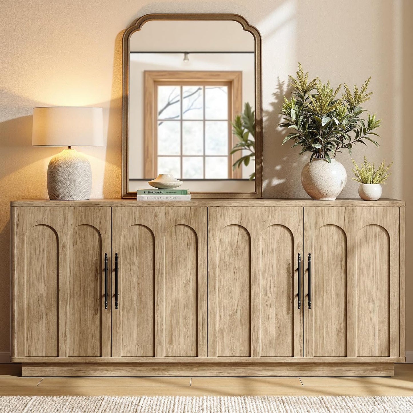 Evermagin 67" Arched Oak Buffet Cabinet with Storage, Large Credenza with 4 Doors, Wood Mid Century Modern Sideboard for Kitchen and Living Room (67"*31.5"*15.7")