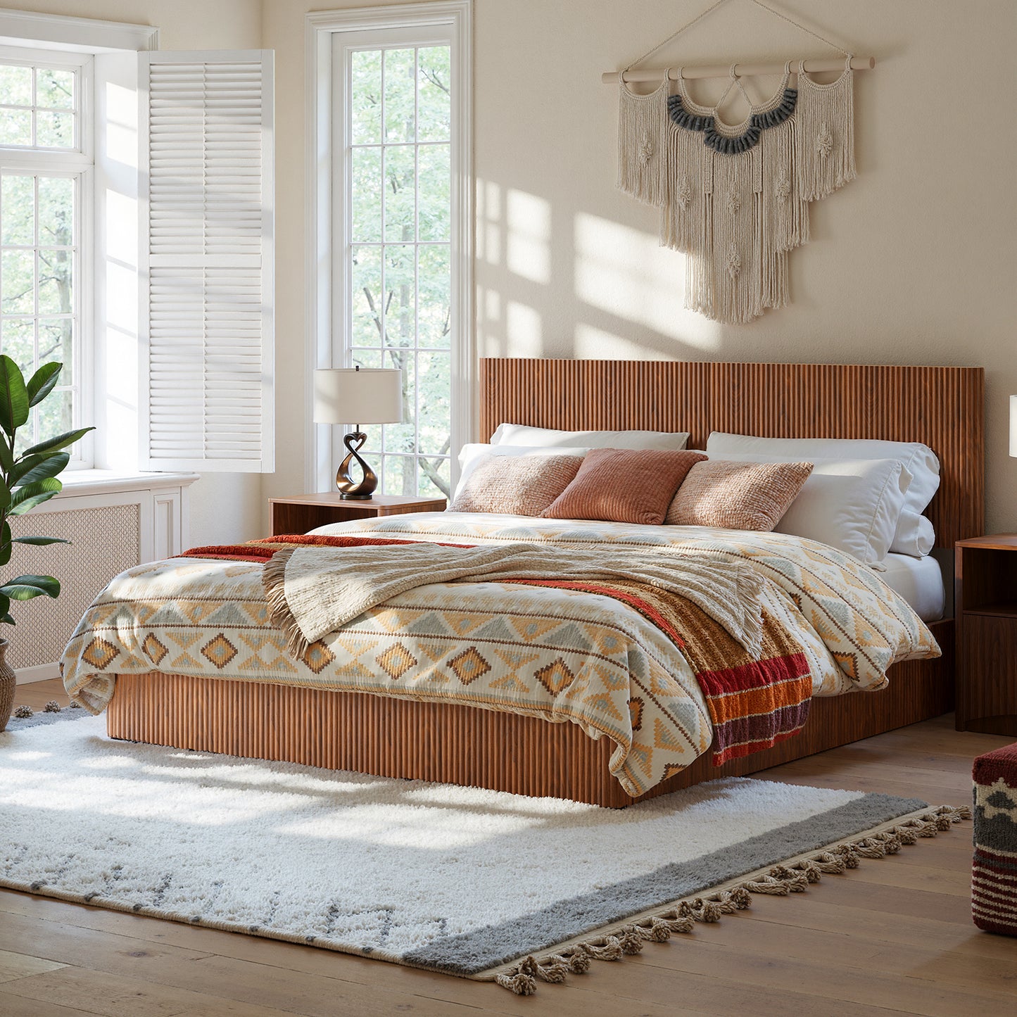 Evermagin Walnut King Lift Up Storage Bed Frame, Mid Century Modern Fluted Bed Frame, Wood Hydraulic King Size Bedframe with Headboard
